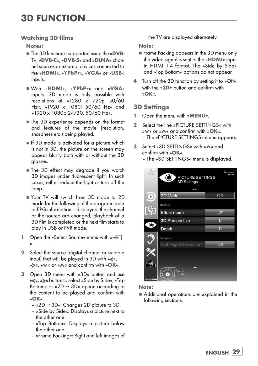 Grundig 55 CLE 9170 SL manual 3D Settings, Watching 3D films, Open the »Select Source« menu with » «, English ­29 