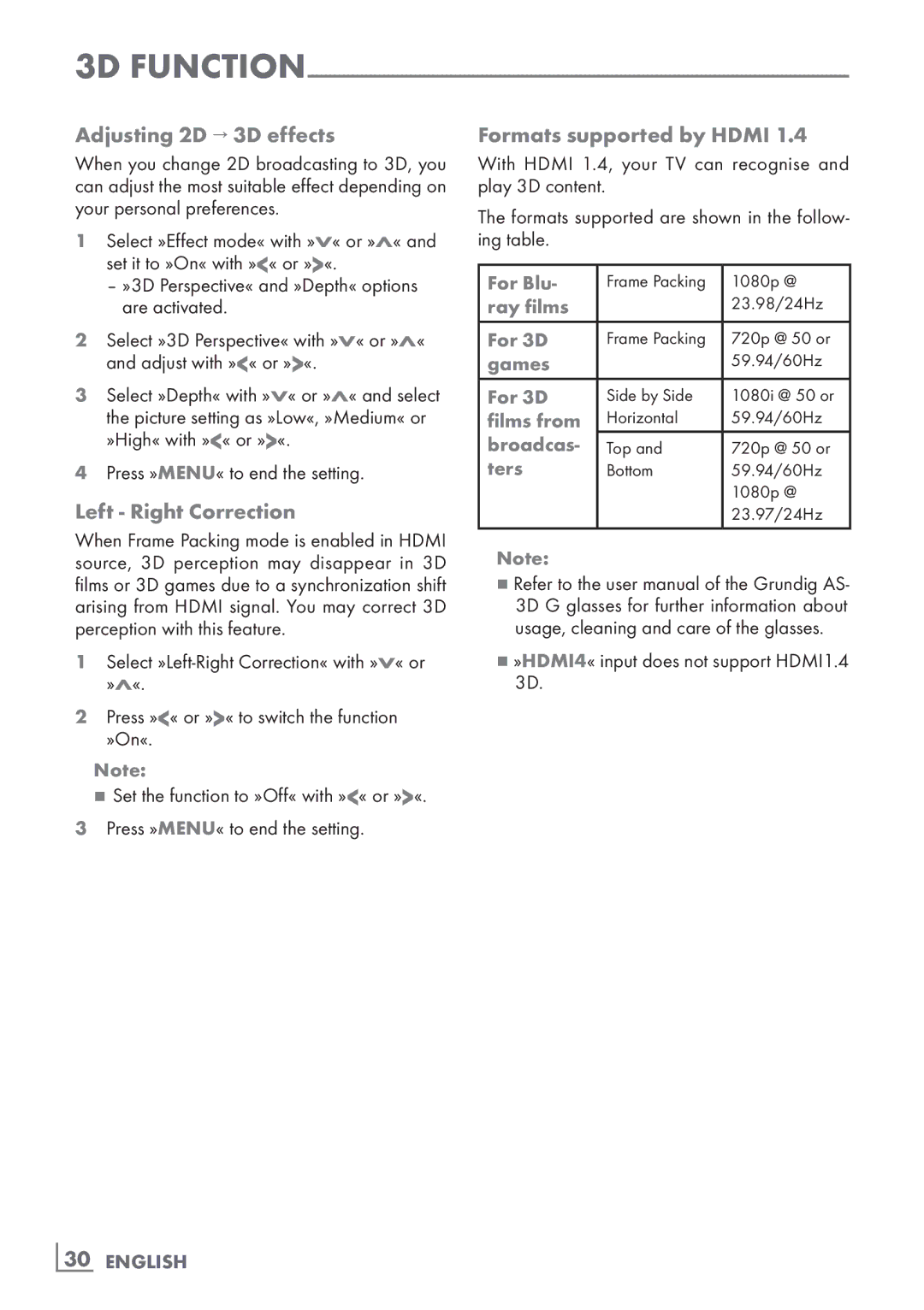 Grundig 55 CLE 9170 SL manual Adjusting 2D → 3D effects, Left Right Correction, Formats supported by Hdmi, ­30 English 