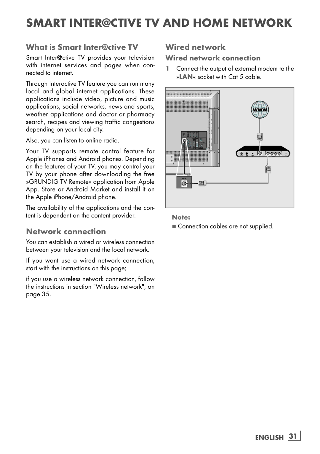 Grundig 55 CLE 9170 SL manual What is Smart Inter@ctive TV, Network connection, Wired network connection, English ­31 