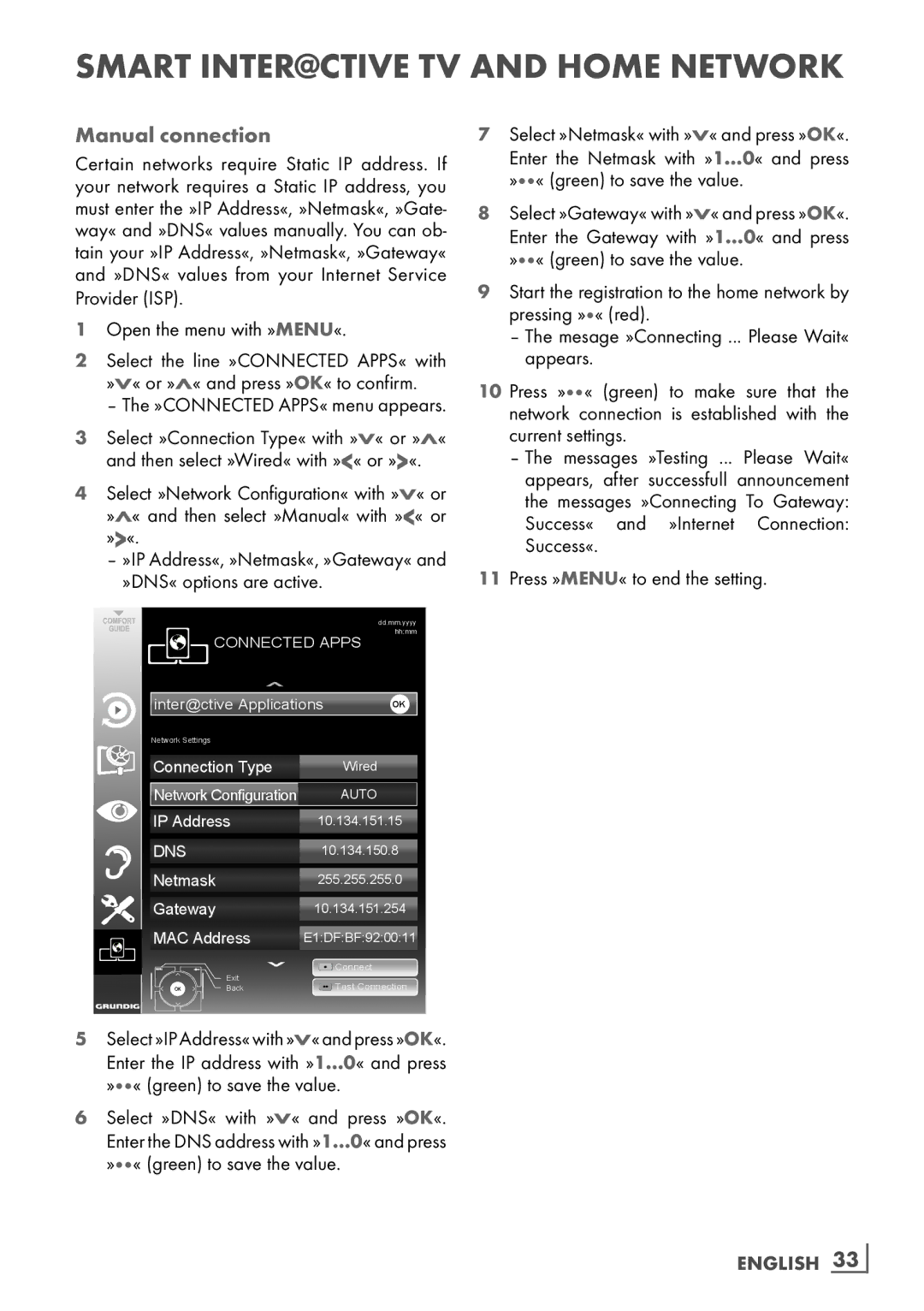 Grundig 55 CLE 9170 SL manual Manual connection, »DNS« options are active, English ­33 