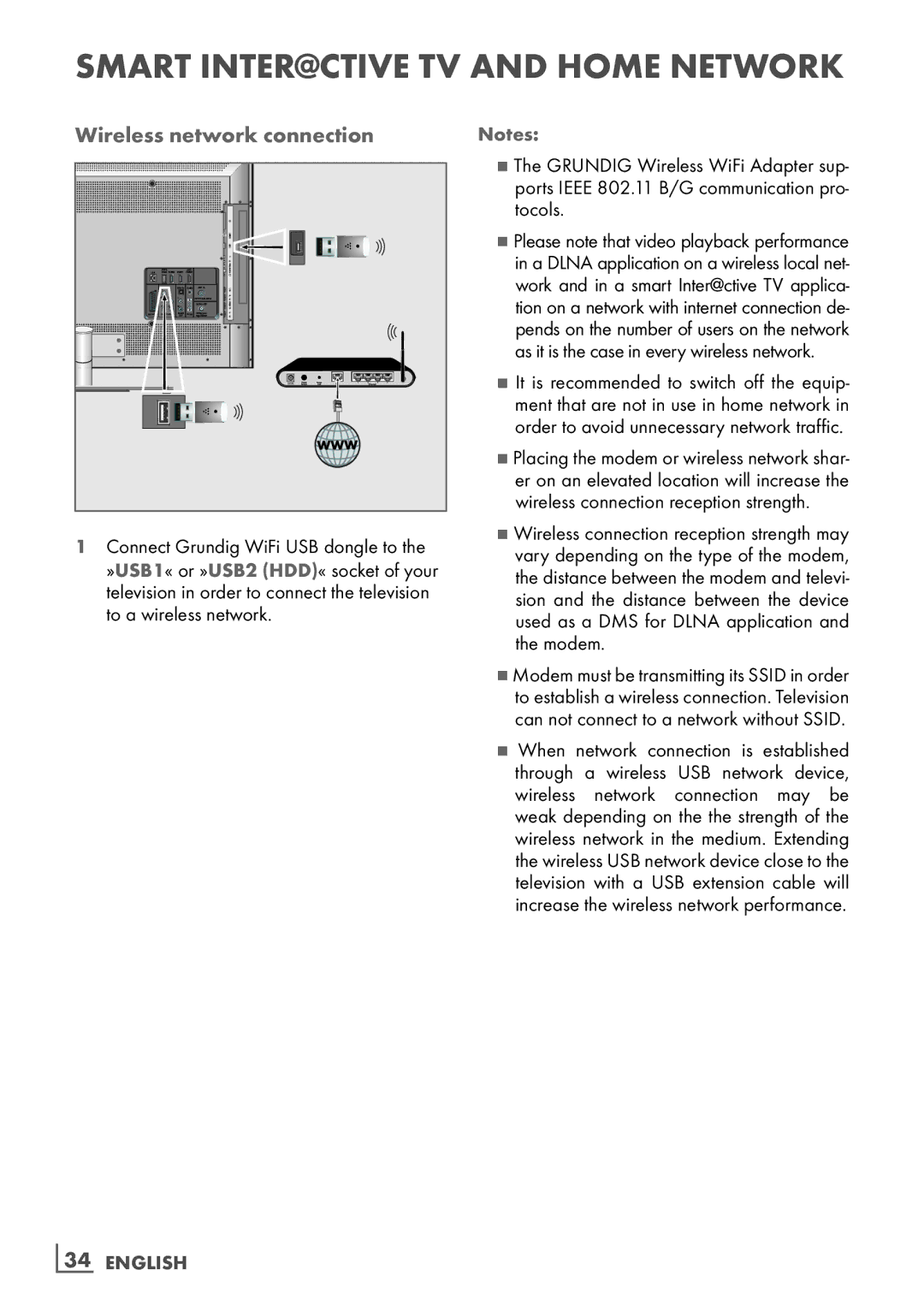 Grundig 55 CLE 9170 SL manual Wireless network connection, ­34 English 