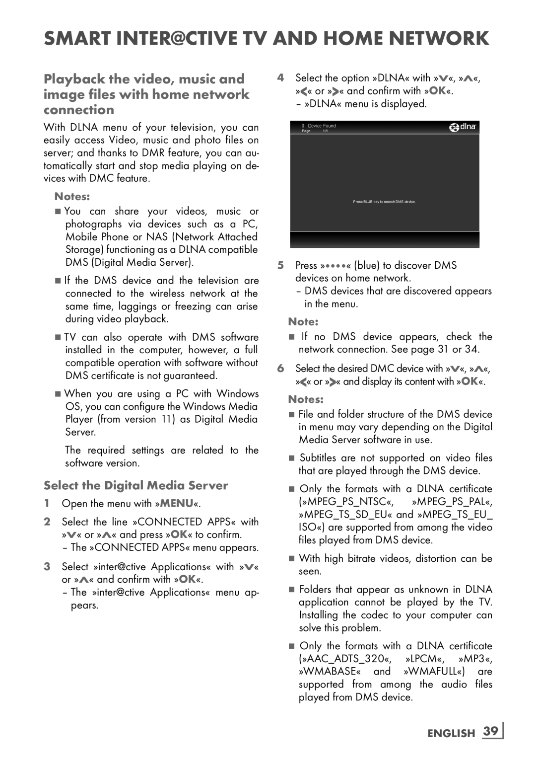 Grundig 55 CLE 9170 SL manual Select the Digital Media Server, »DLNA« menu is displayed, English ­39 