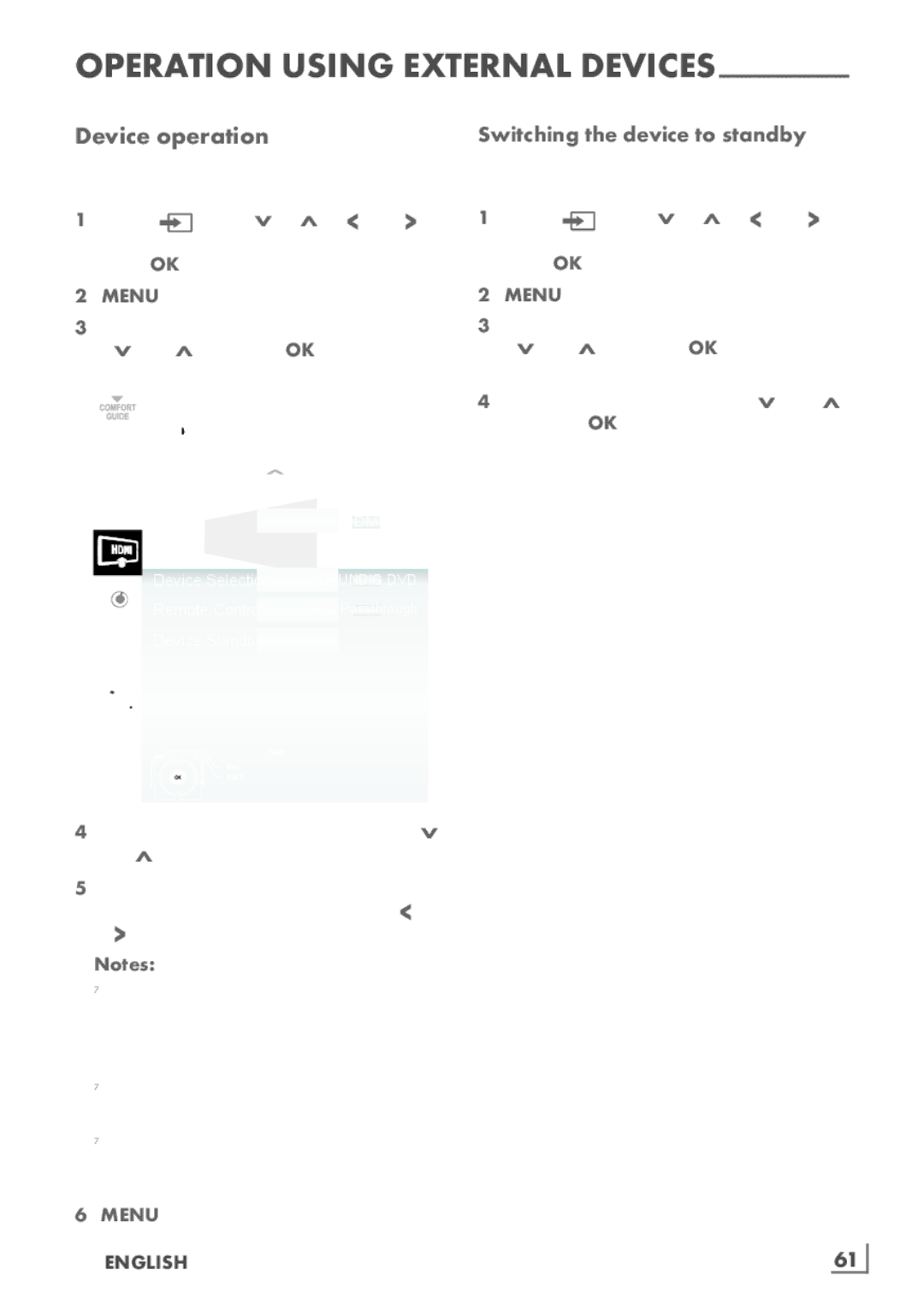 Grundig 55 CLE 9170 SL manual Device operation, Switching the device to standby, English ­61 