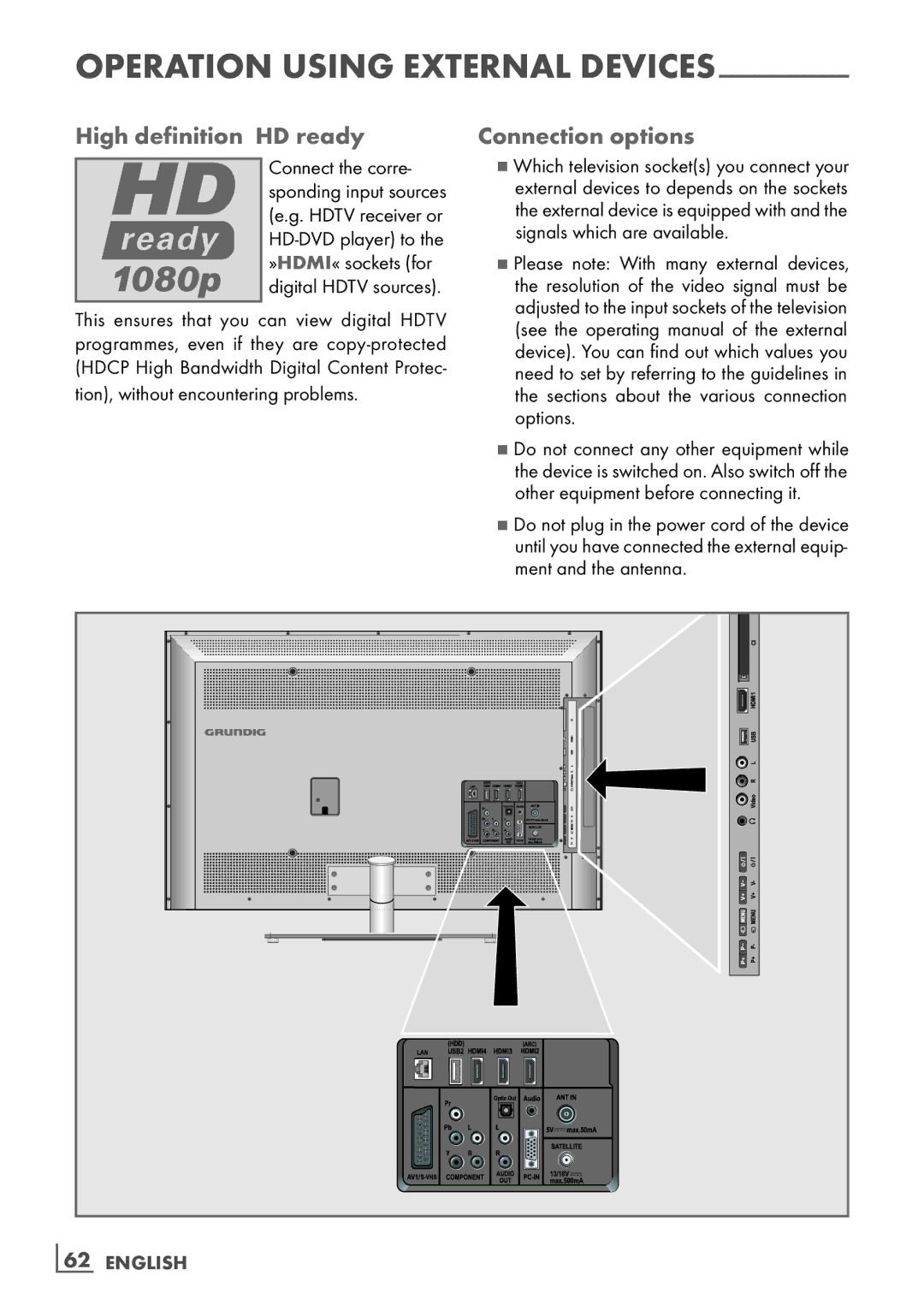 Grundig 55 CLE 9170 SL manual High definition ­HD ready Connection options 