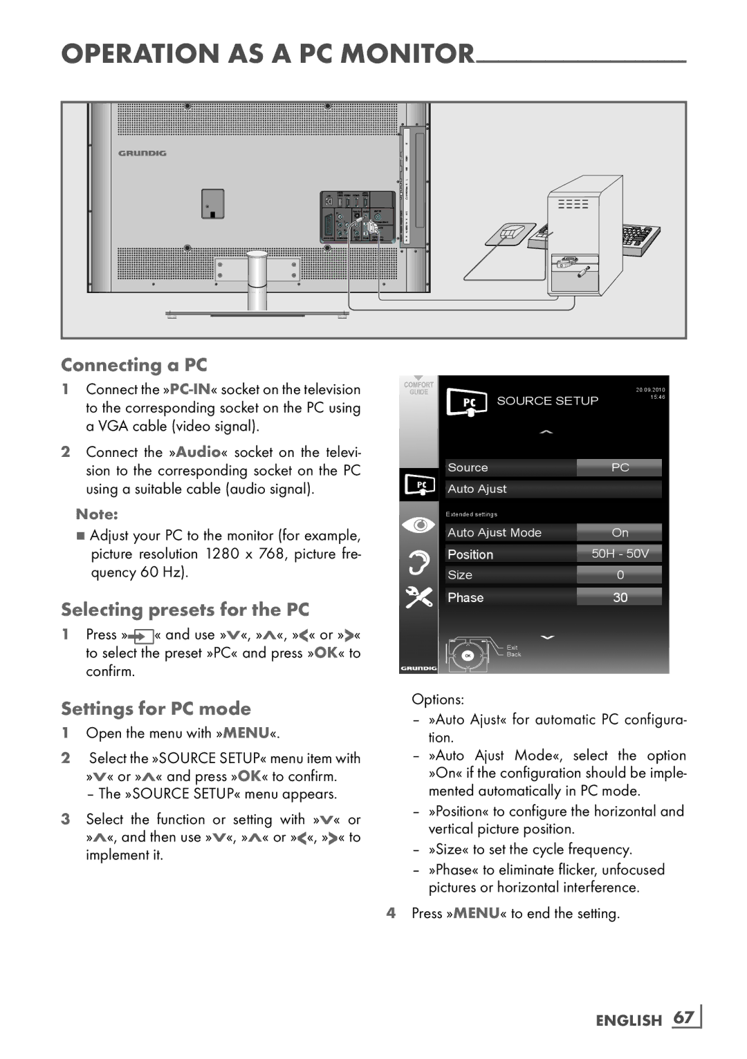 Grundig 55 CLE 9170 SL manual Connecting a PC, Selecting presets for the PC, Settings for PC mode, English ­67 