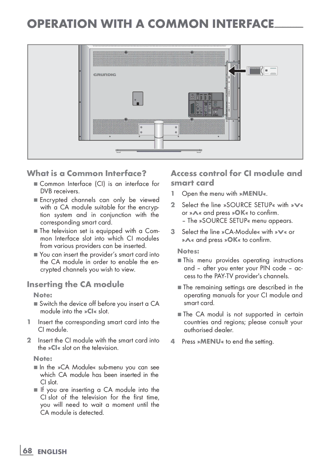 Grundig 55 CLE 9170 SL What is a Common Interface?, Inserting the CA module, Access control for CI module and smart card 