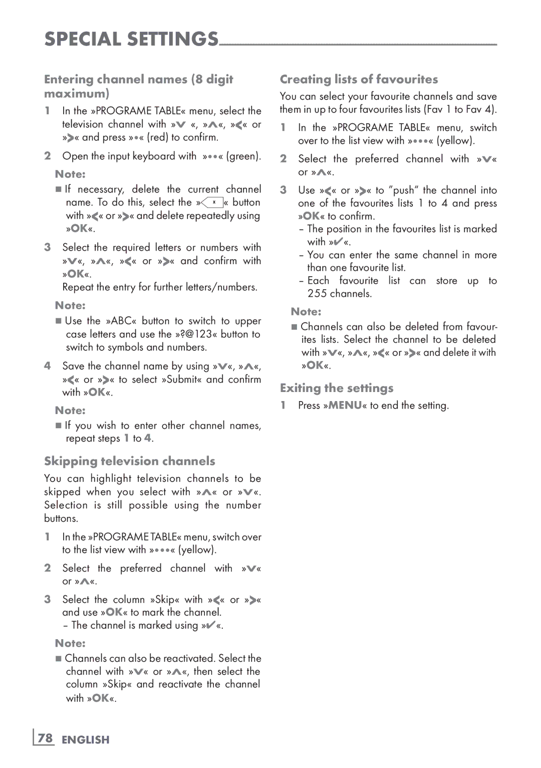 Grundig 55 CLE 9170 SL manual Entering channel names 8 digit maximum, Exiting the settings, Skipping television channels 