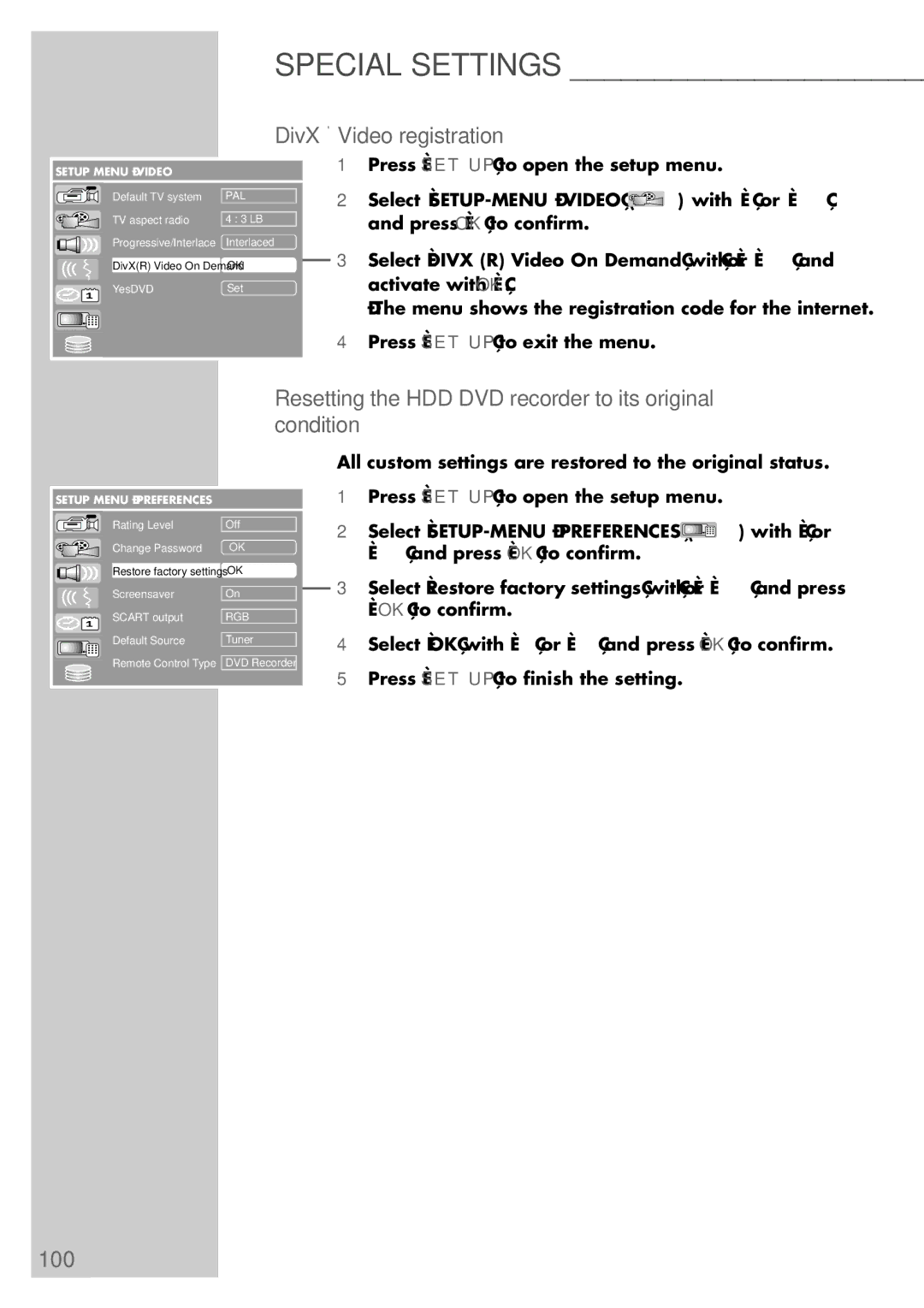 Grundig 5550 HDD manual DivX Video registration, Resetting the HDD DVD recorder to its original condition, 100 