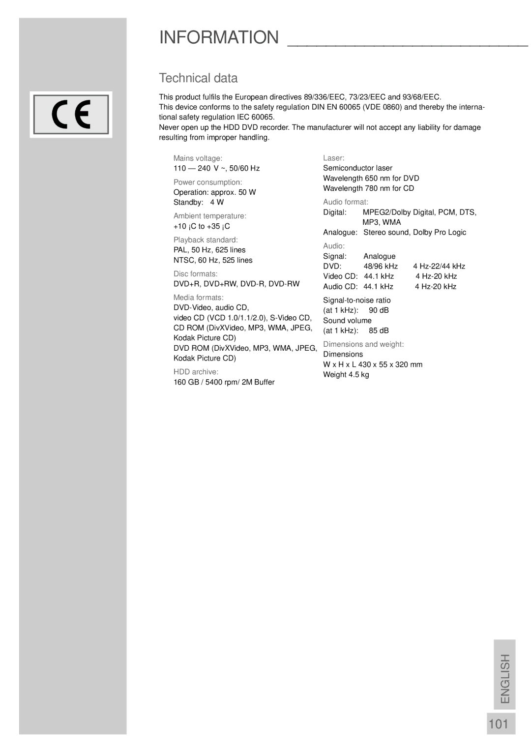 Grundig 5550 HDD manual Information, Technical data, 101 