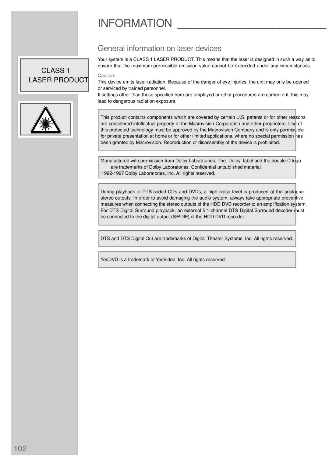 Grundig 5550 HDD manual General information on laser devices, 102 