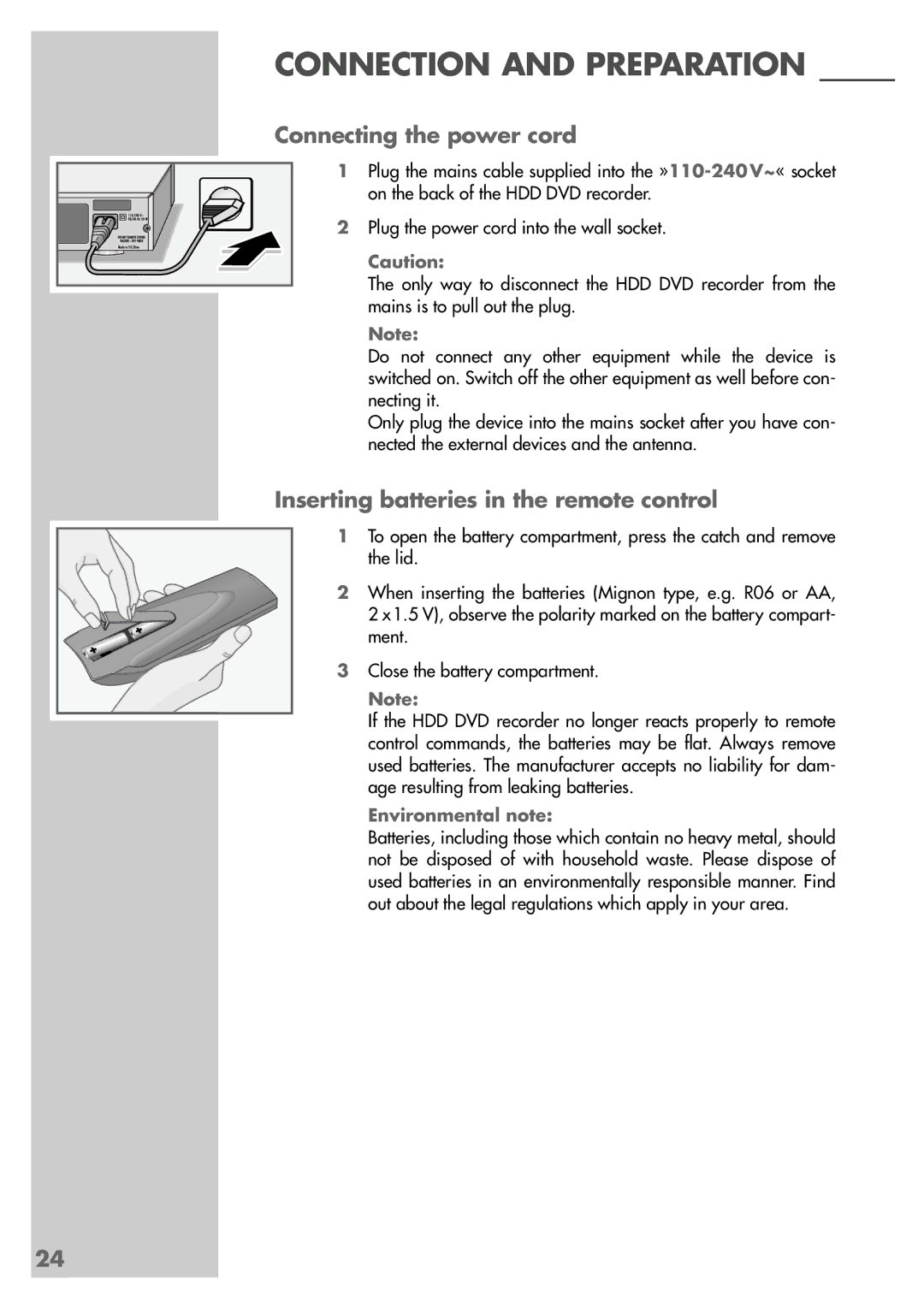 Grundig 5550 HDD manual Connecting the power cord, Inserting batteries in the remote control 