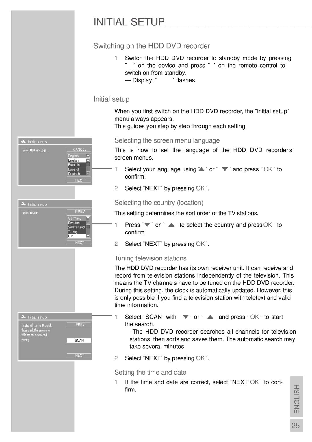 Grundig 5550 HDD manual Selecting the country location, Tuning television stations, Setting the time and date 