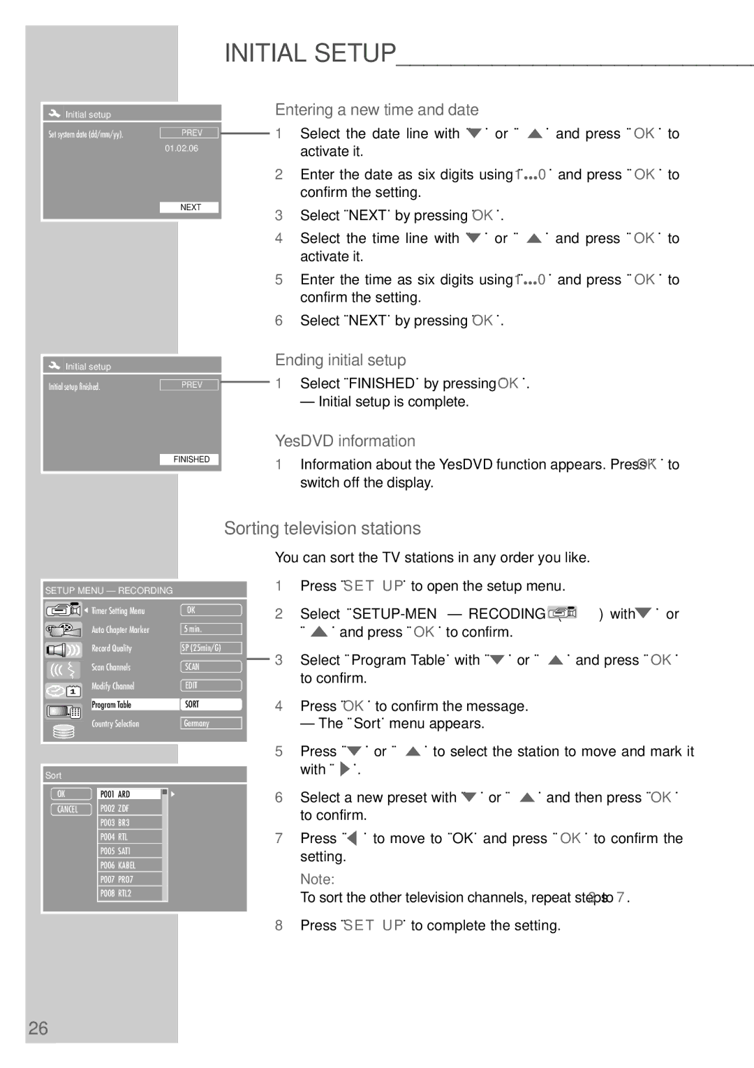 Grundig 5550 HDD manual Sorting television stations, Entering a new time and date, Ending initial setup, YesDVD information 