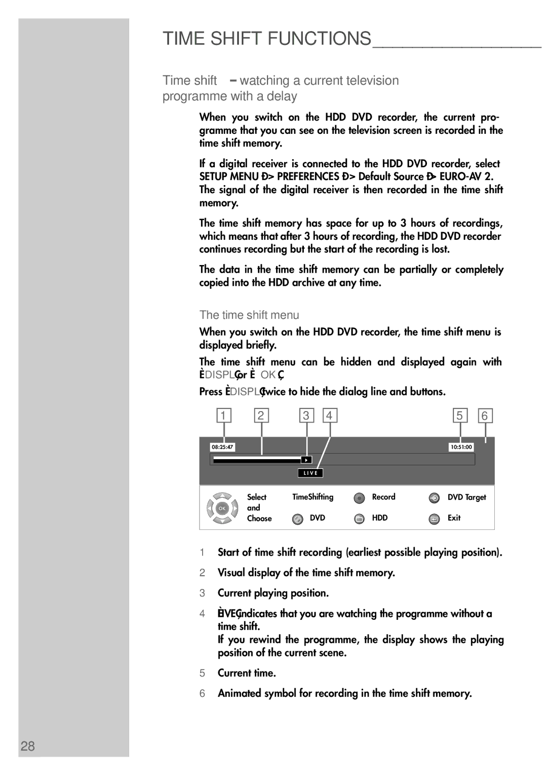 Grundig 5550 HDD manual Time Shift Functions, Time shift menu 