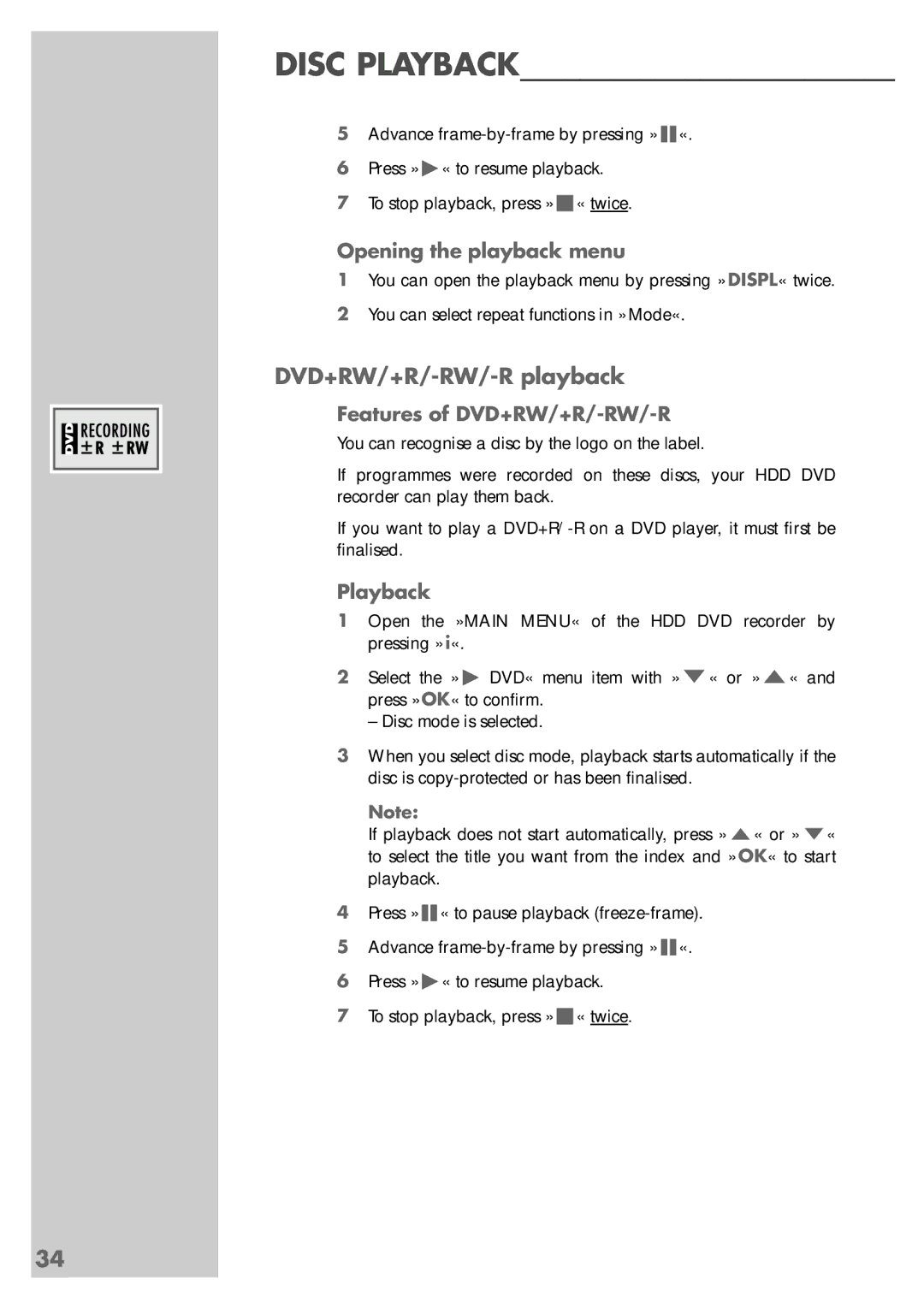 Grundig 5550 HDD manual DVD+RW/+R/-RW/-R playback, Opening the playback menu, Features of DVD+RW/+R/-RW/-R 