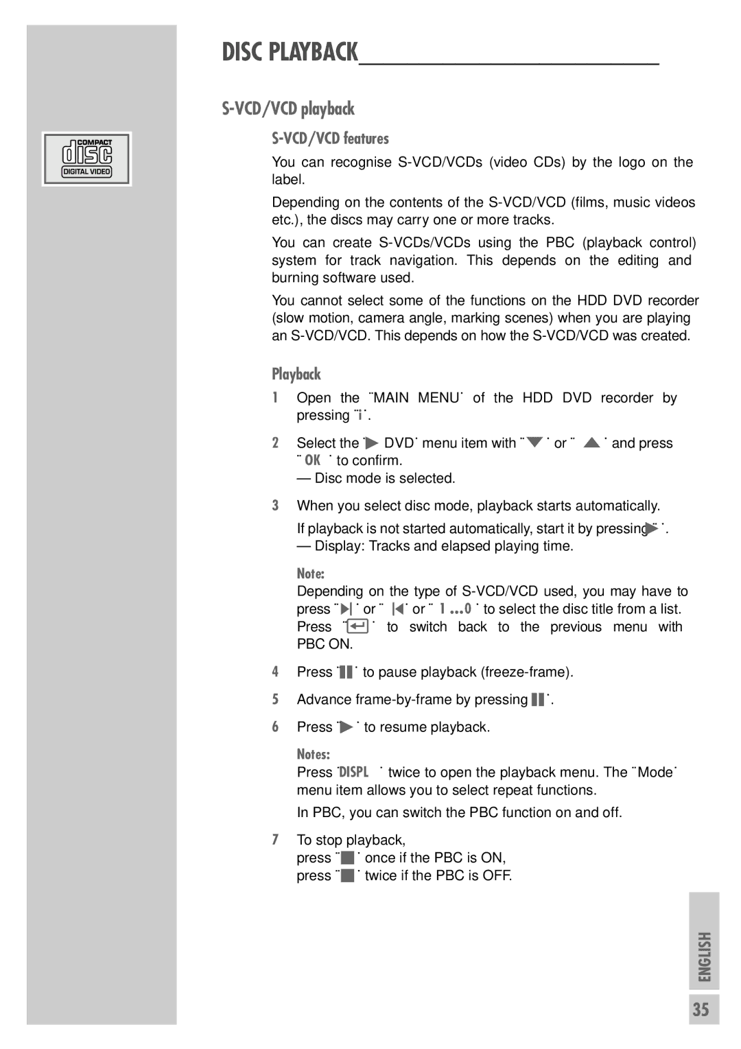 Grundig 5550 HDD manual VCD/VCD playback, VCD/VCD features 