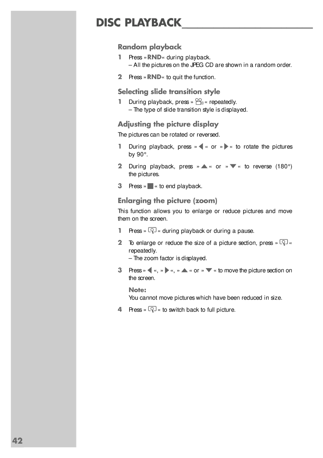 Grundig 5550 HDD manual Random playback, Selecting slide transition style, Adjusting the picture display 