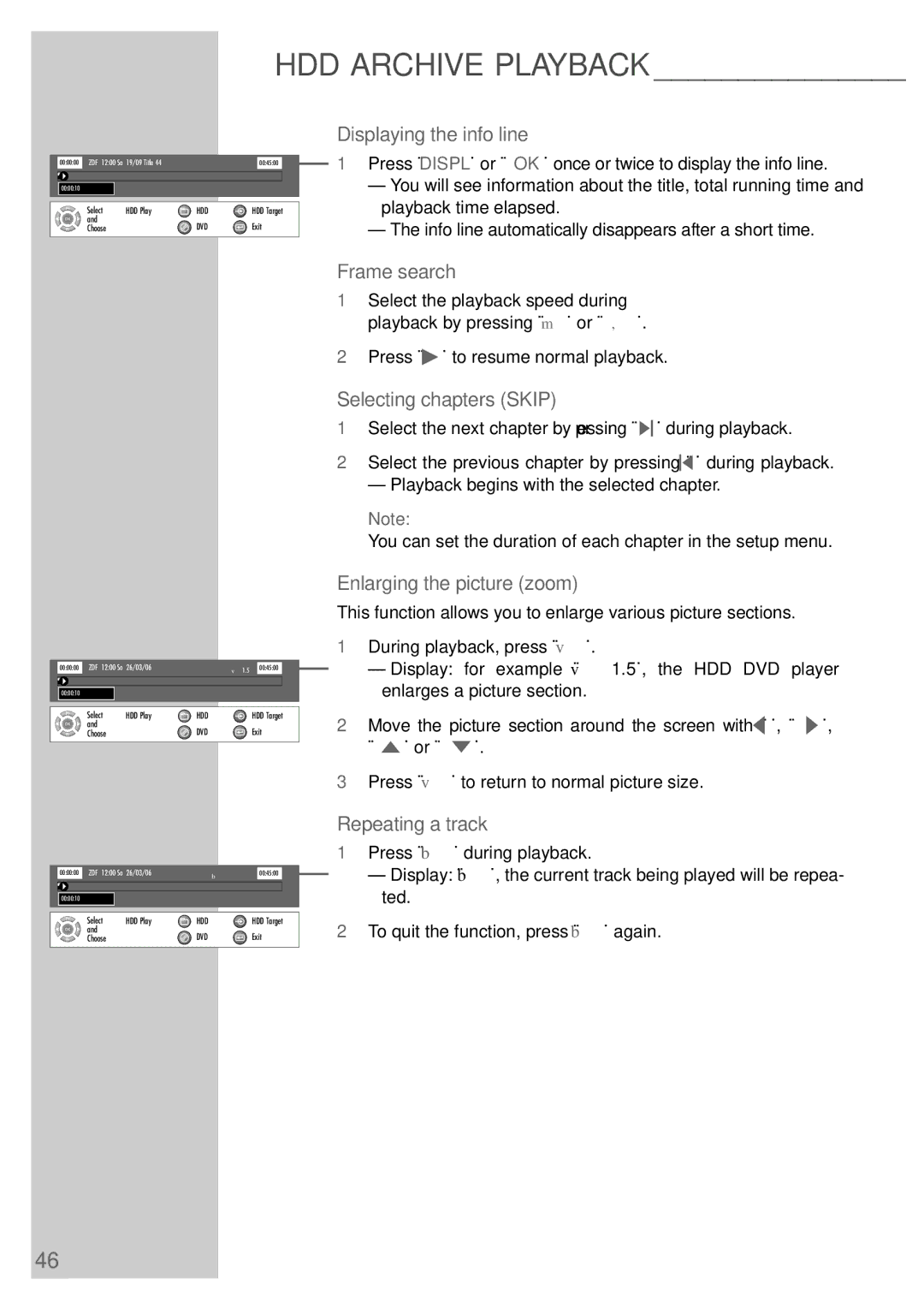 Grundig 5550 HDD manual Displaying the info line, Selecting chapters Skip, Repeating a track 