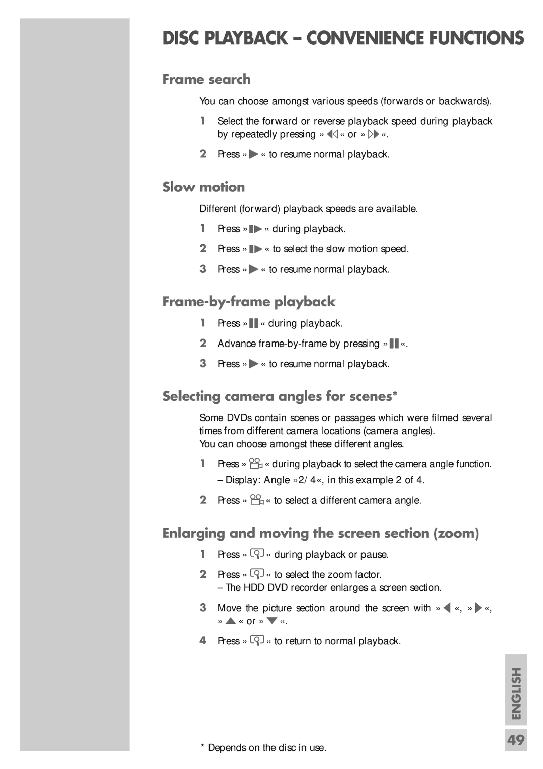 Grundig 5550 HDD manual Frame search, Slow motion, Frame-by-frame playback, Selecting camera angles for scenes 