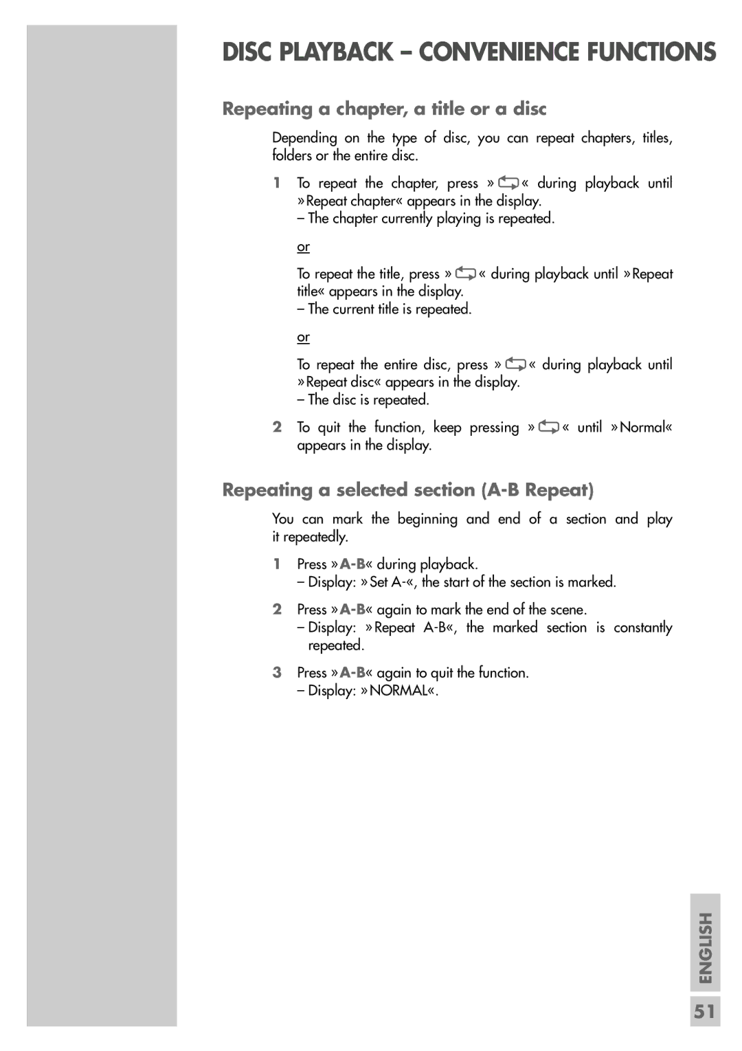 Grundig 5550 HDD manual Repeating a chapter, a title or a disc, Repeating a selected section A-B Repeat 