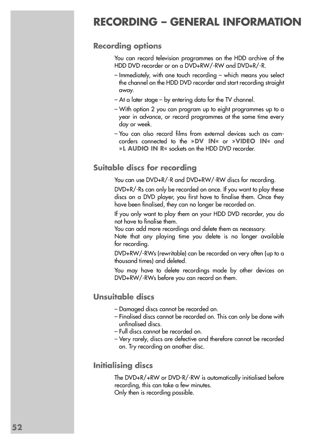 Grundig 5550 HDD manual Recording options, Suitable discs for recording, Unsuitable discs, Initialising discs 