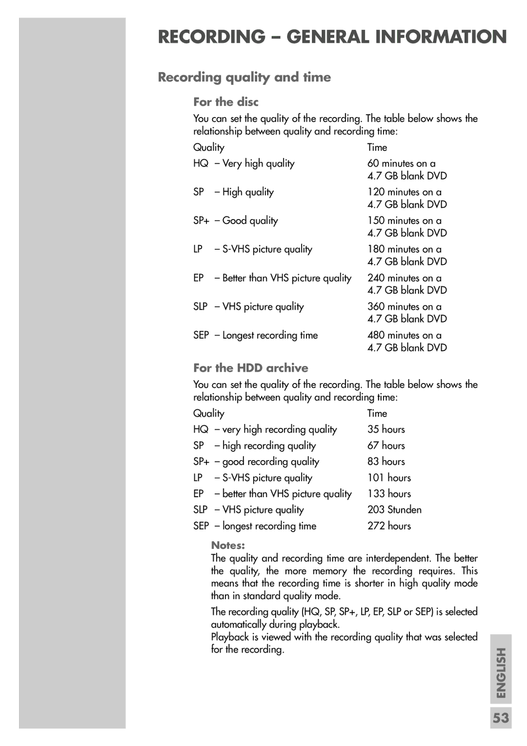 Grundig 5550 HDD manual Recording quality and time, For the disc, For the HDD archive 