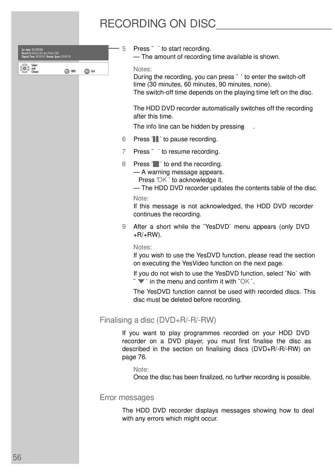 Grundig 5550 HDD manual Finalising a disc DVD+R/-R/-RW, Error messages 