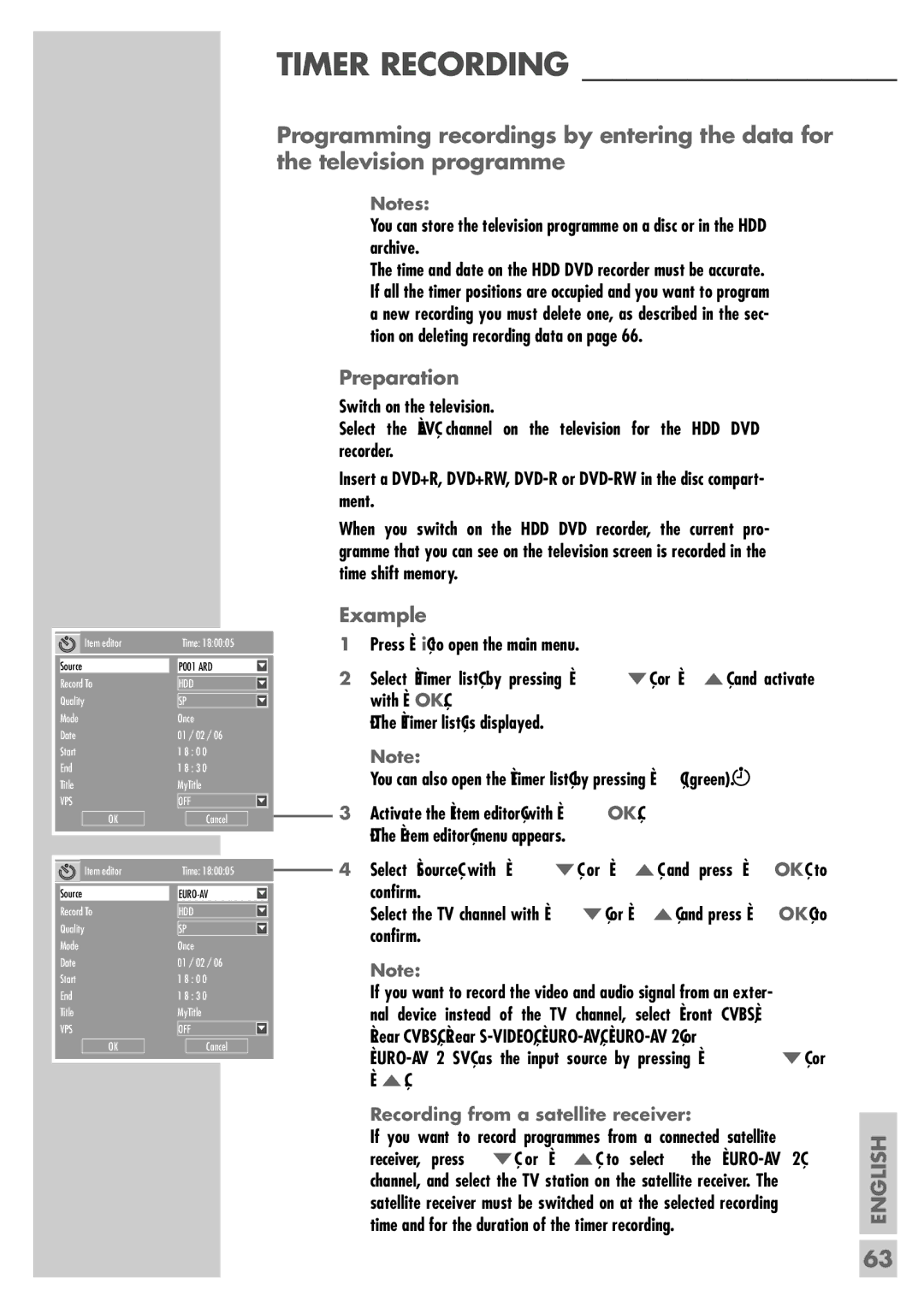 Grundig 5550 HDD manual Timer Recording, Preparation, Example 