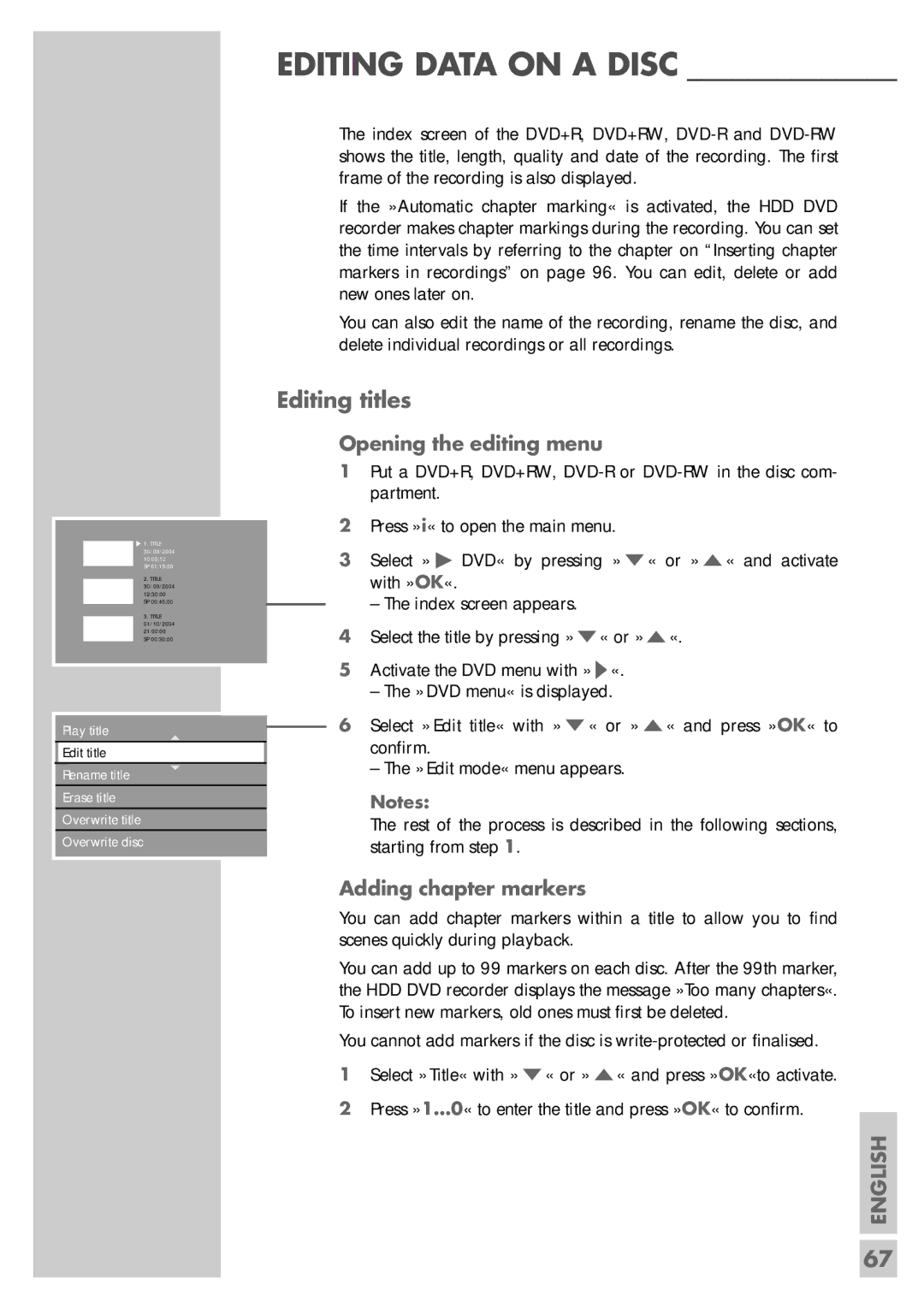 Grundig 5550 HDD manual Editing Data on a Disc, Editing titles, Opening the editing menu, Adding chapter markers 