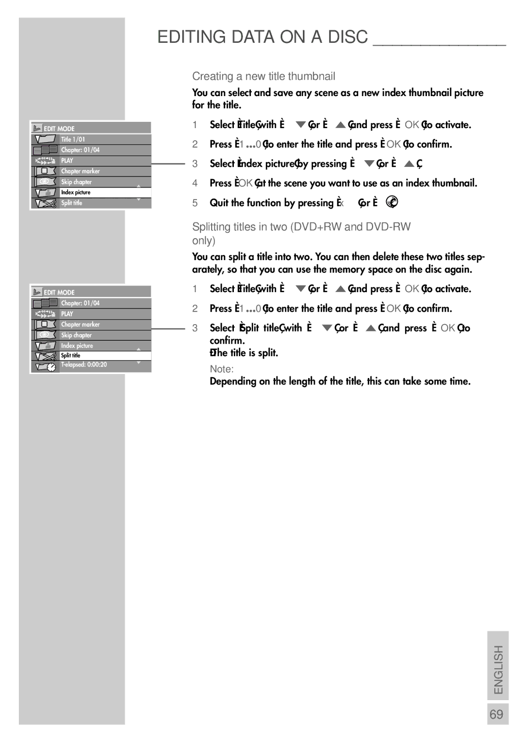 Grundig 5550 HDD manual Creating a new title thumbnail, Splitting titles in two DVD+RW and DVD-RW only, Title is split 