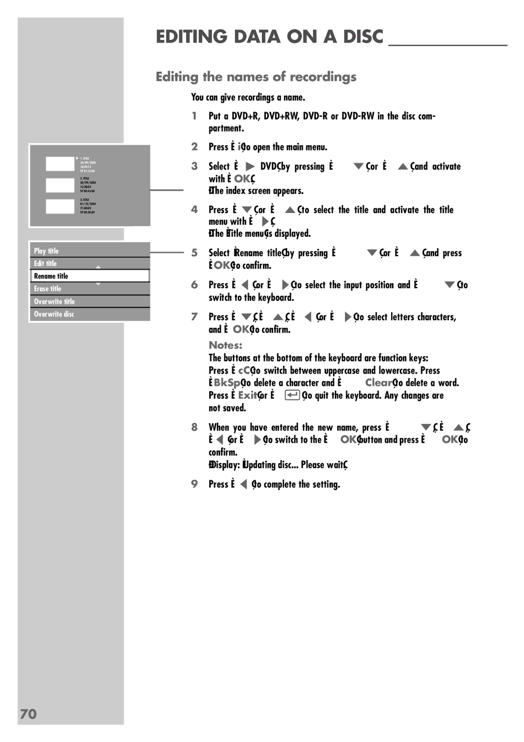 Grundig 5550 HDD manual Editing the names of recordings 