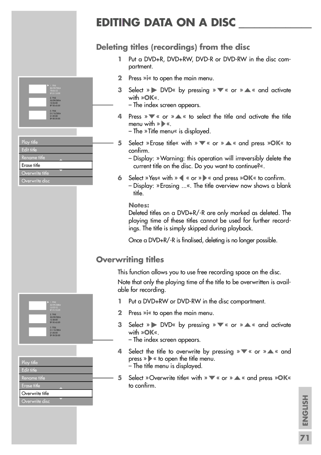 Grundig 5550 HDD manual Deleting titles recordings from the disc, Overwriting titles 