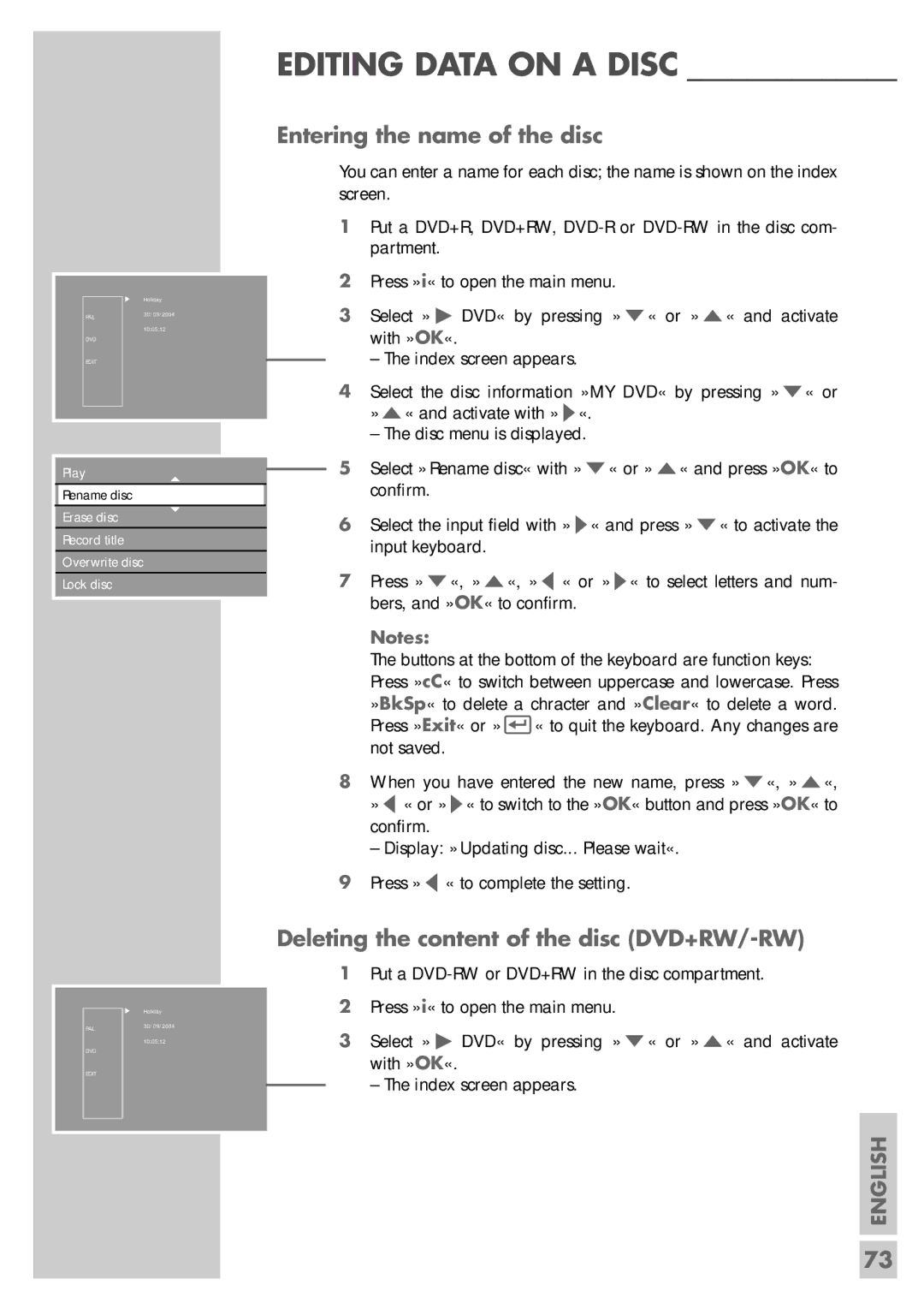 Grundig 5550 HDD manual Entering the name of the disc, Deleting the content of the disc DVD+RW/-RW 