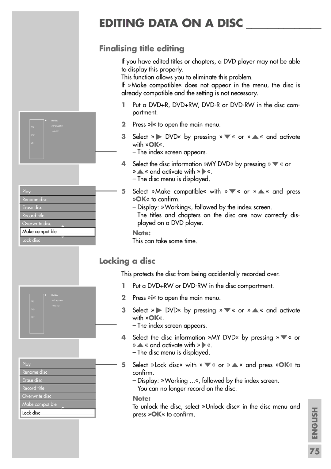 Grundig 5550 HDD manual Finalising title editing, Locking a disc, This can take some time, Press » OK« to confirm 