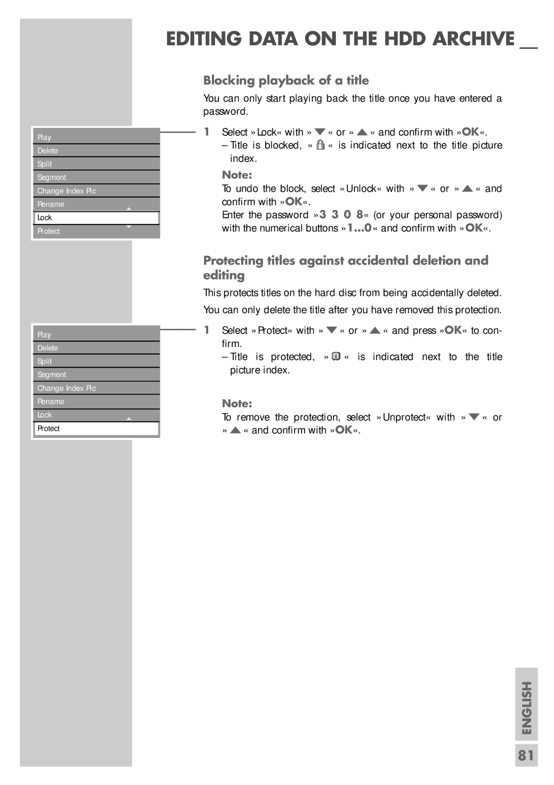 Grundig 5550 HDD manual Blocking playback of a title, Protecting titles against accidental deletion and editing 