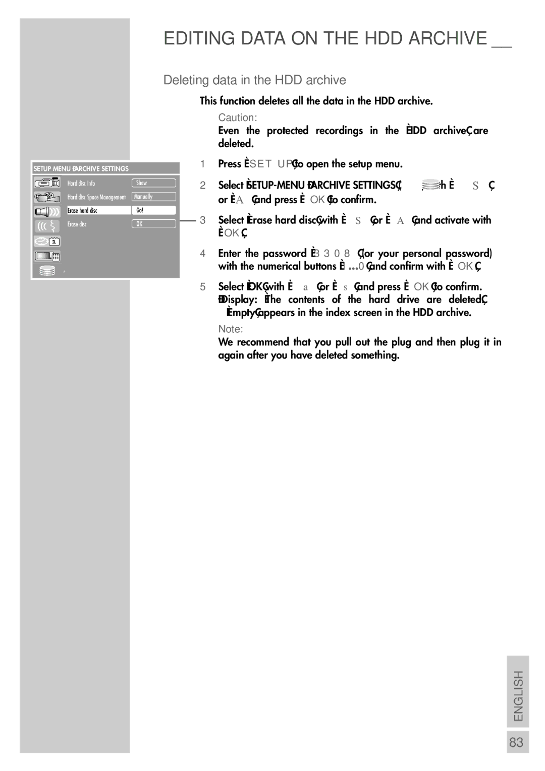 Grundig 5550 HDD manual Deleting data in the HDD archive 