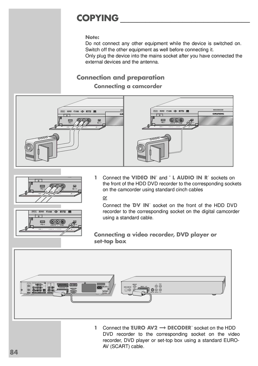 Grundig 5550 HDD manual Connection and preparation, Connecting a camcorder 