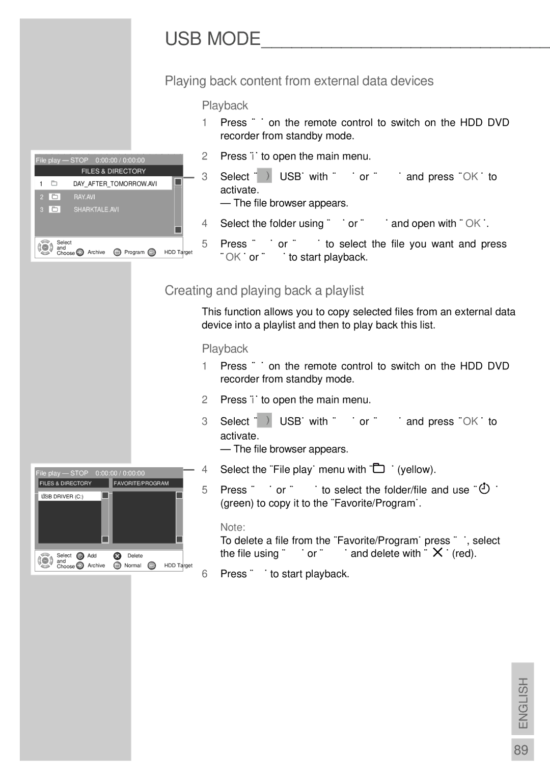 Grundig 5550 HDD manual Playing back content from external data devices, Creating and playing back a playlist 