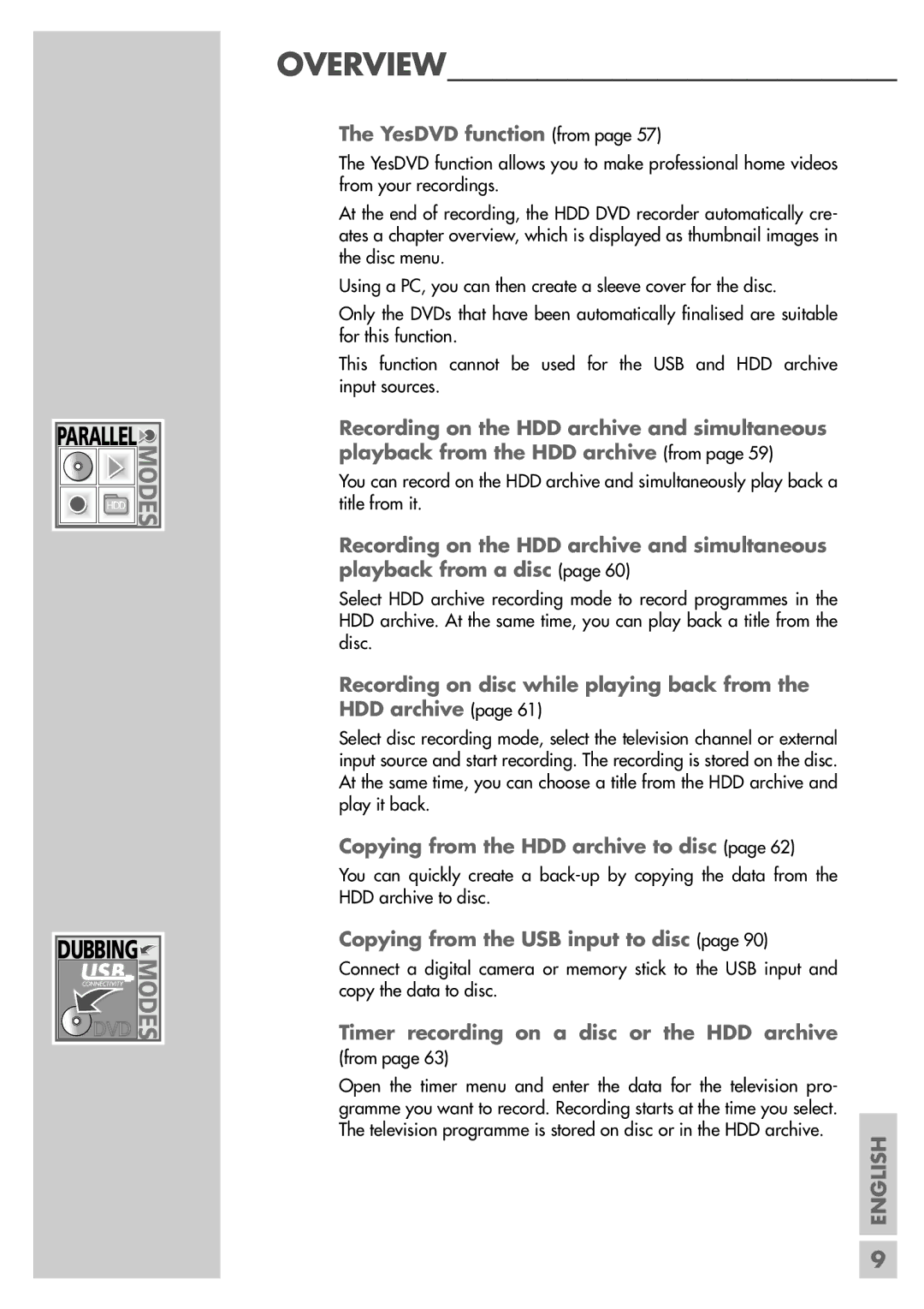Grundig 5550 HDD manual YesDVD function from, Recording on disc while playing back from the HDD archive 