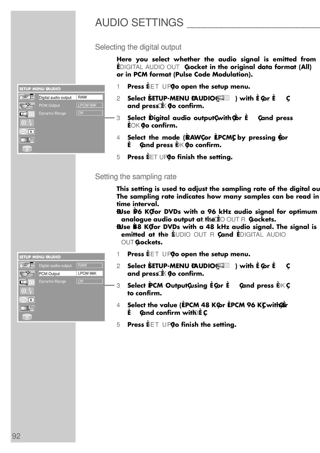 Grundig 5550 HDD manual Audio Settings, Selecting the digital output, Setting the sampling rate 