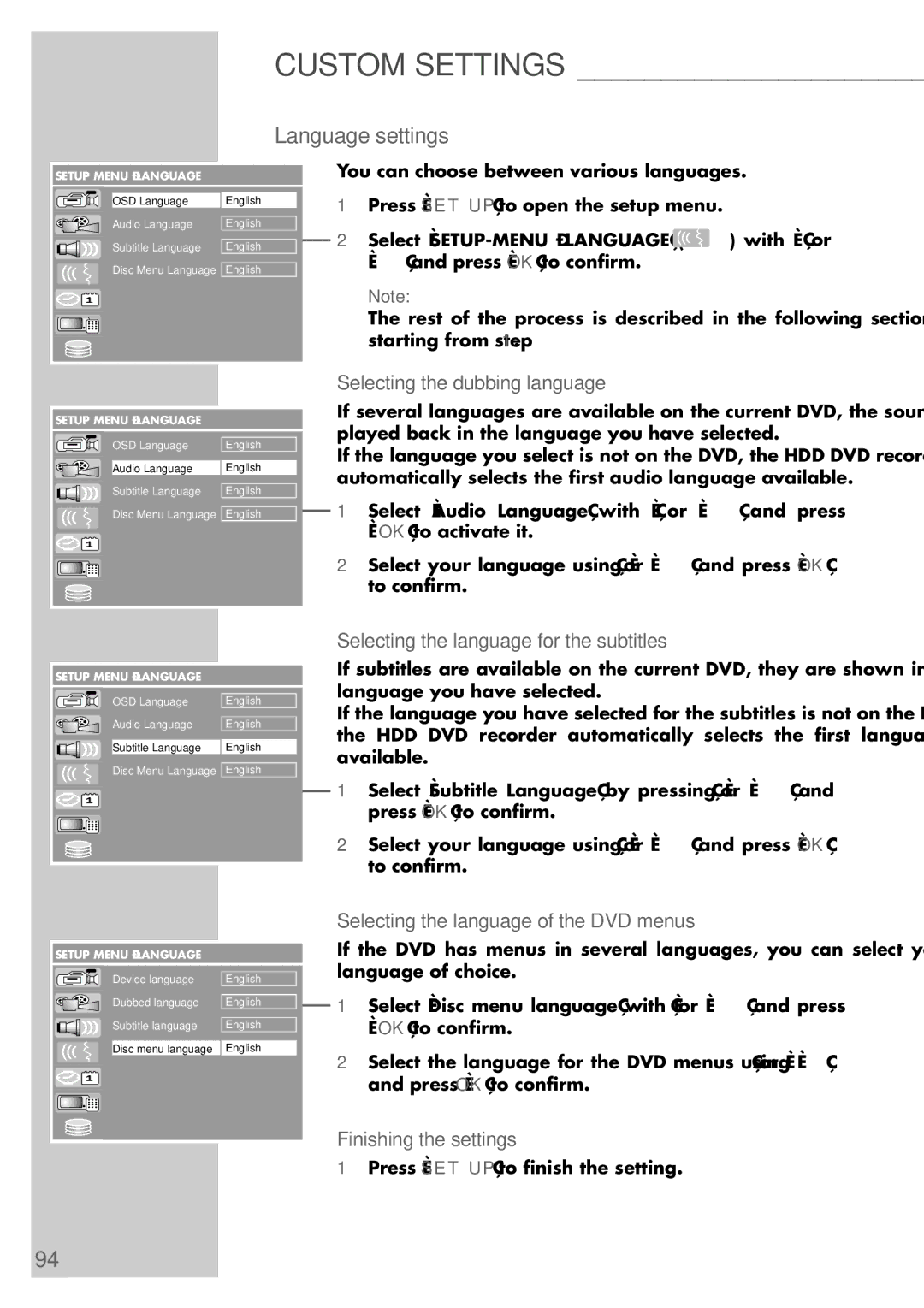 Grundig 5550 HDD manual Custom Settings, Language settings 