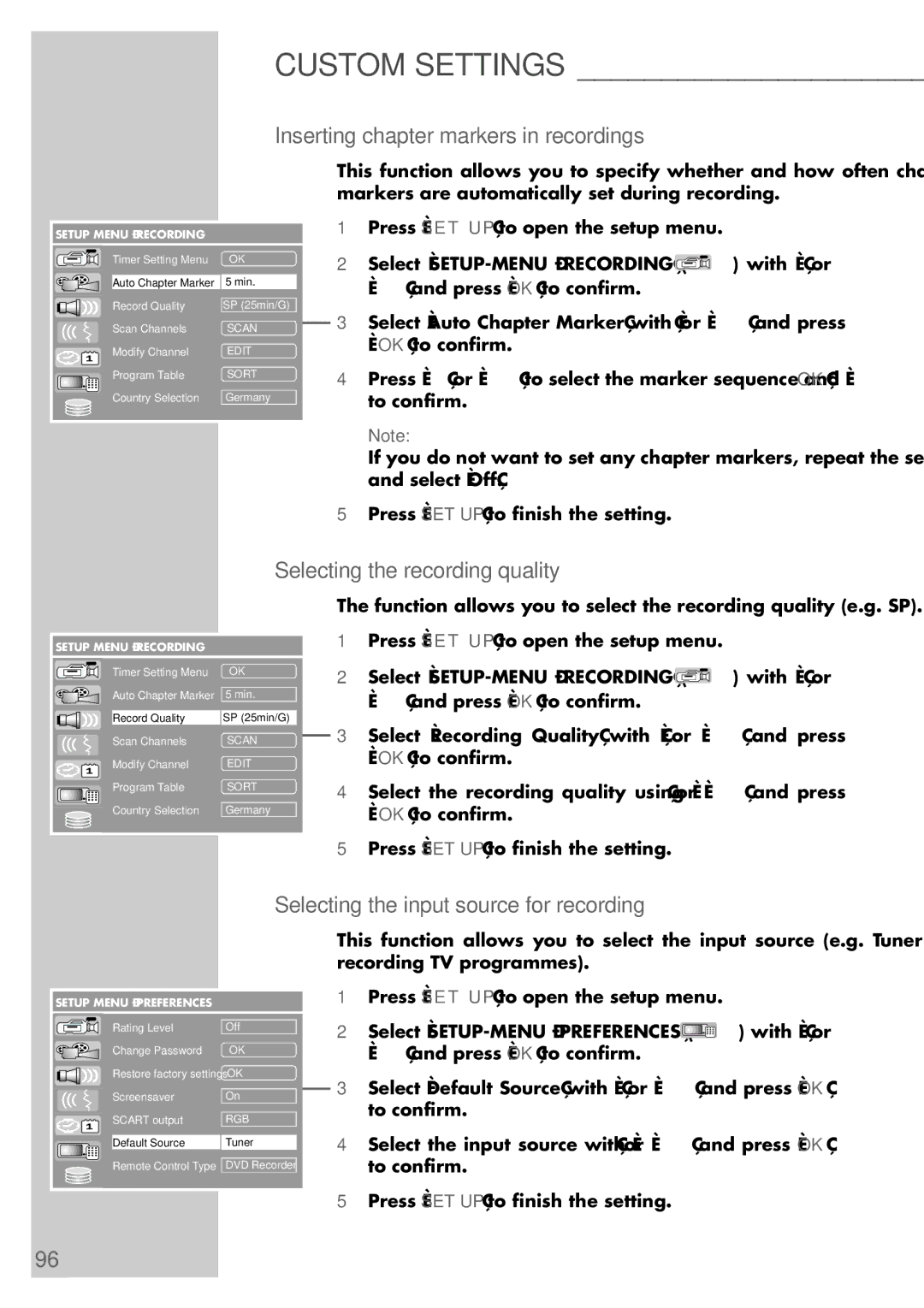 Grundig 5550 HDD manual Inserting chapter markers in recordings, Selecting the recording quality 