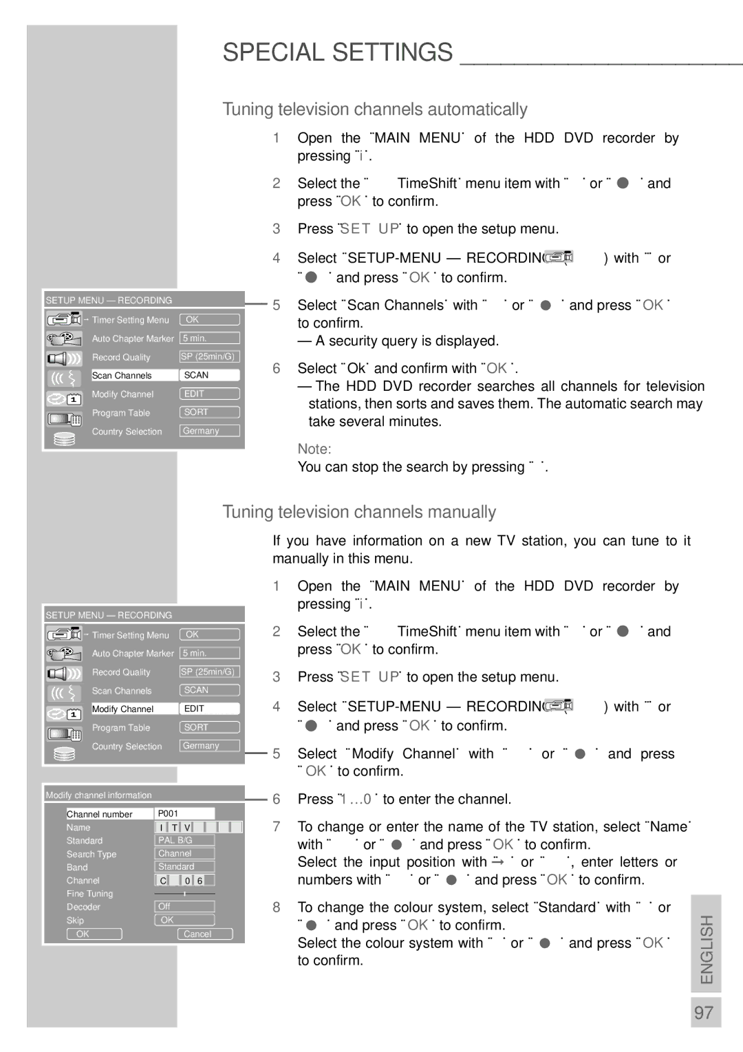 Grundig 5550 HDD Tuning television channels automatically, Tuning television channels manually 