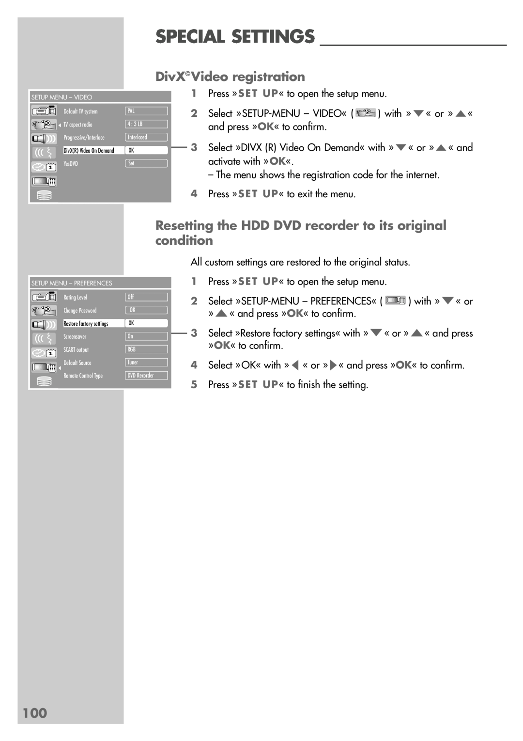 Grundig 5550 HDD manual DivX Video registration, Resetting the HDD DVD recorder to its original condition, Special Settings 