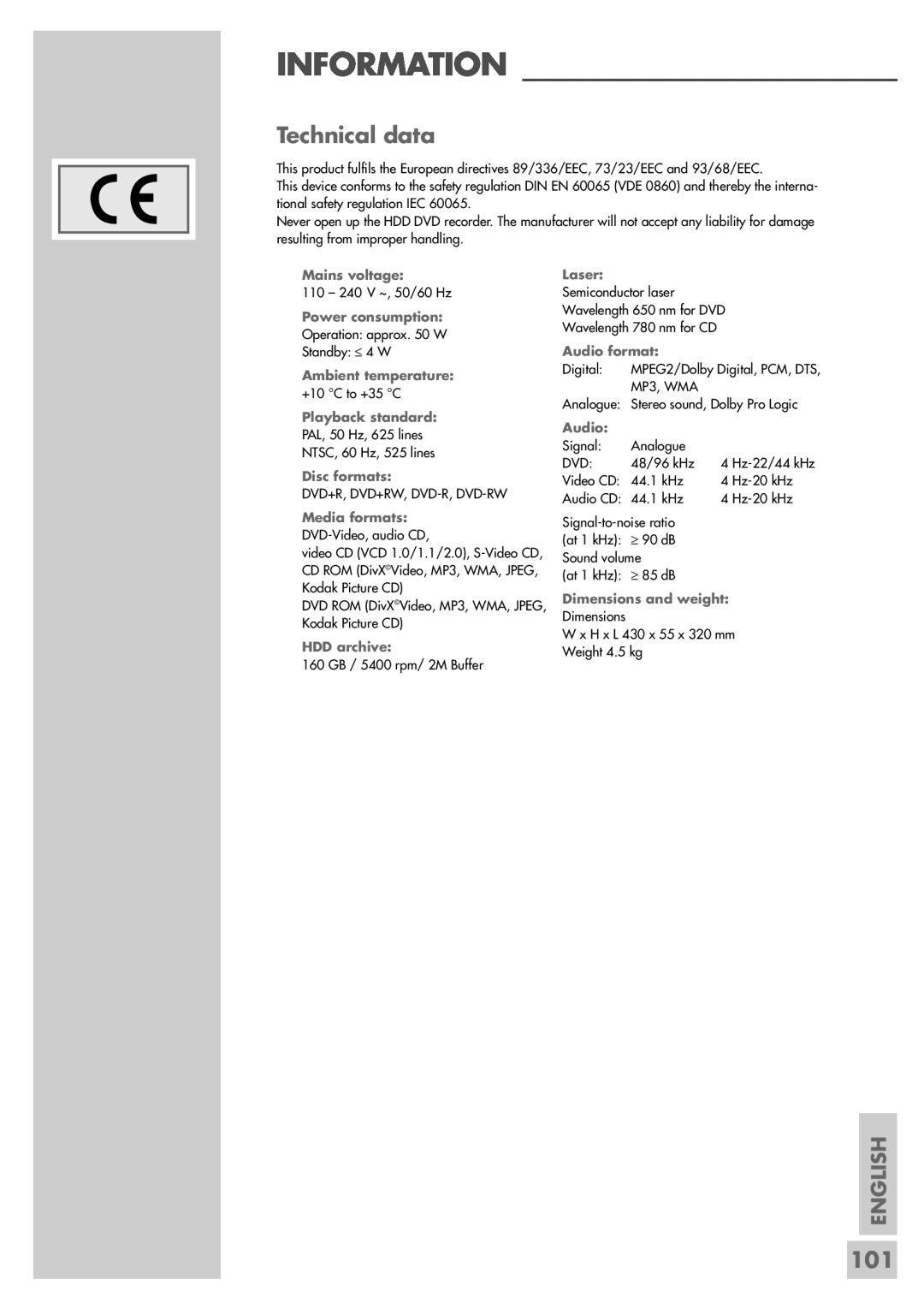 Grundig 5550 HDD manual Information, Technical data, English 