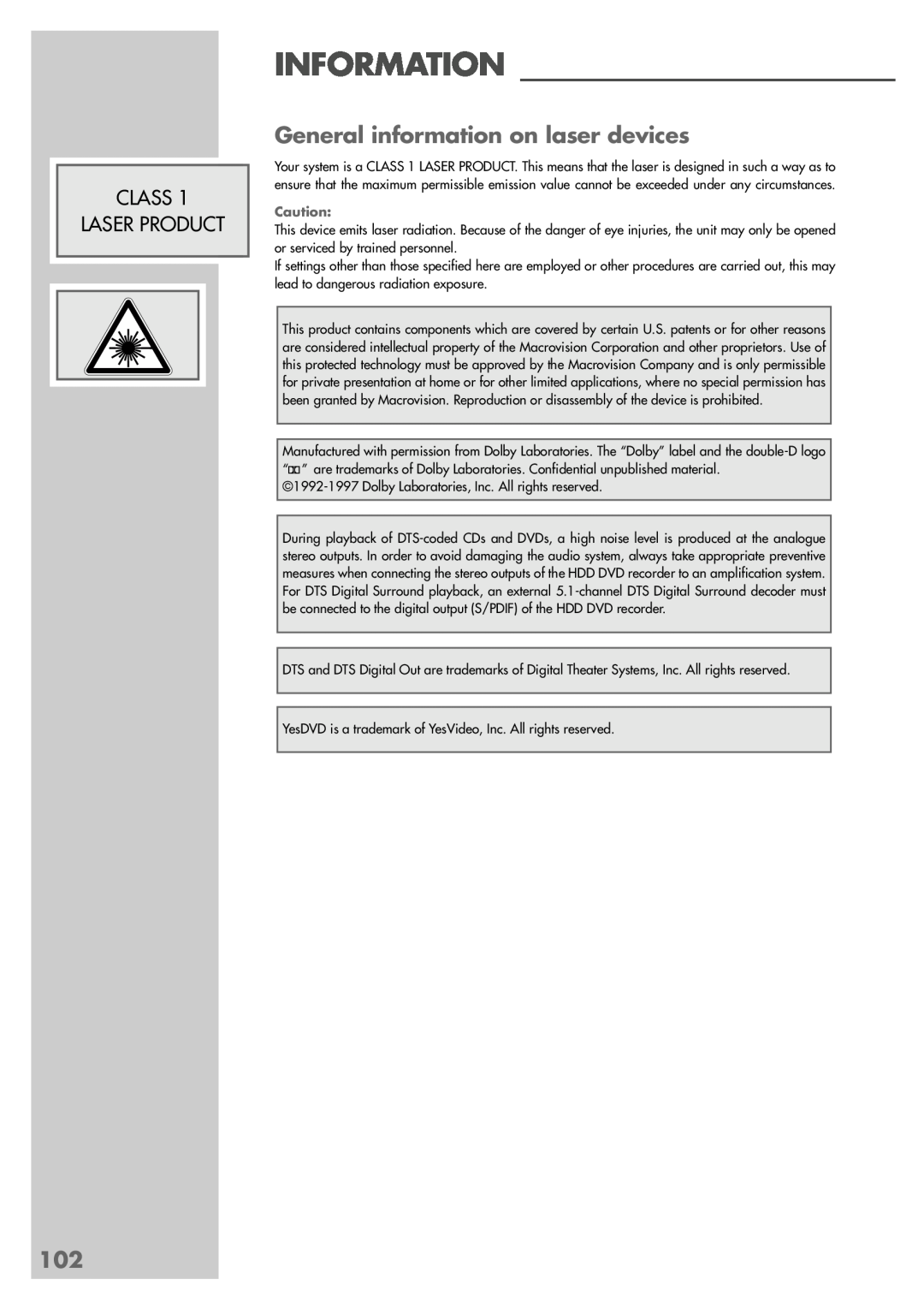 Grundig 5550 HDD manual General information on laser devices, Information, Class Laser Product 
