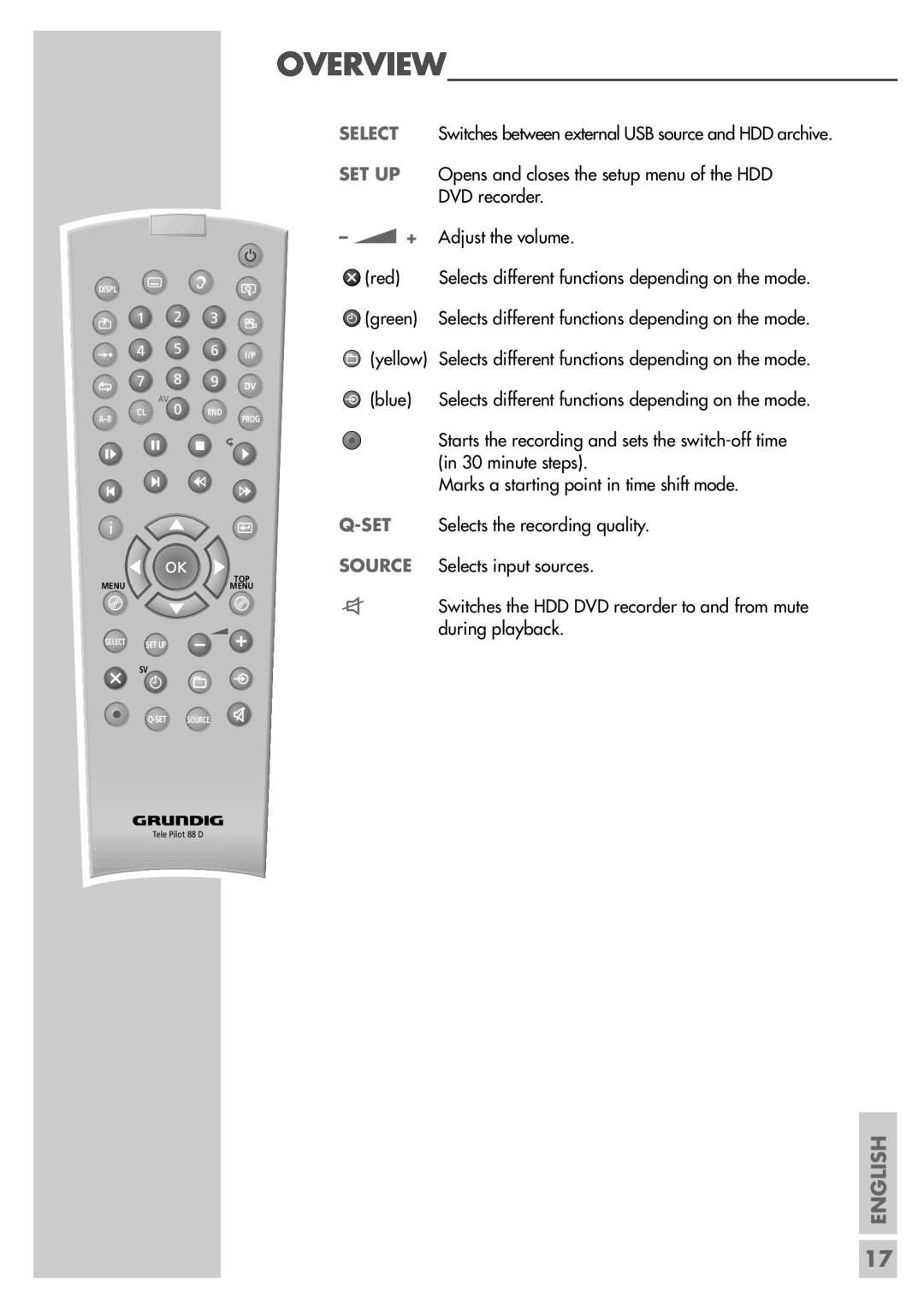 Grundig 5550 HDD Overview, English, Select, Set Up, Q-Set, Source, Switches between external USB source and HDD archive 