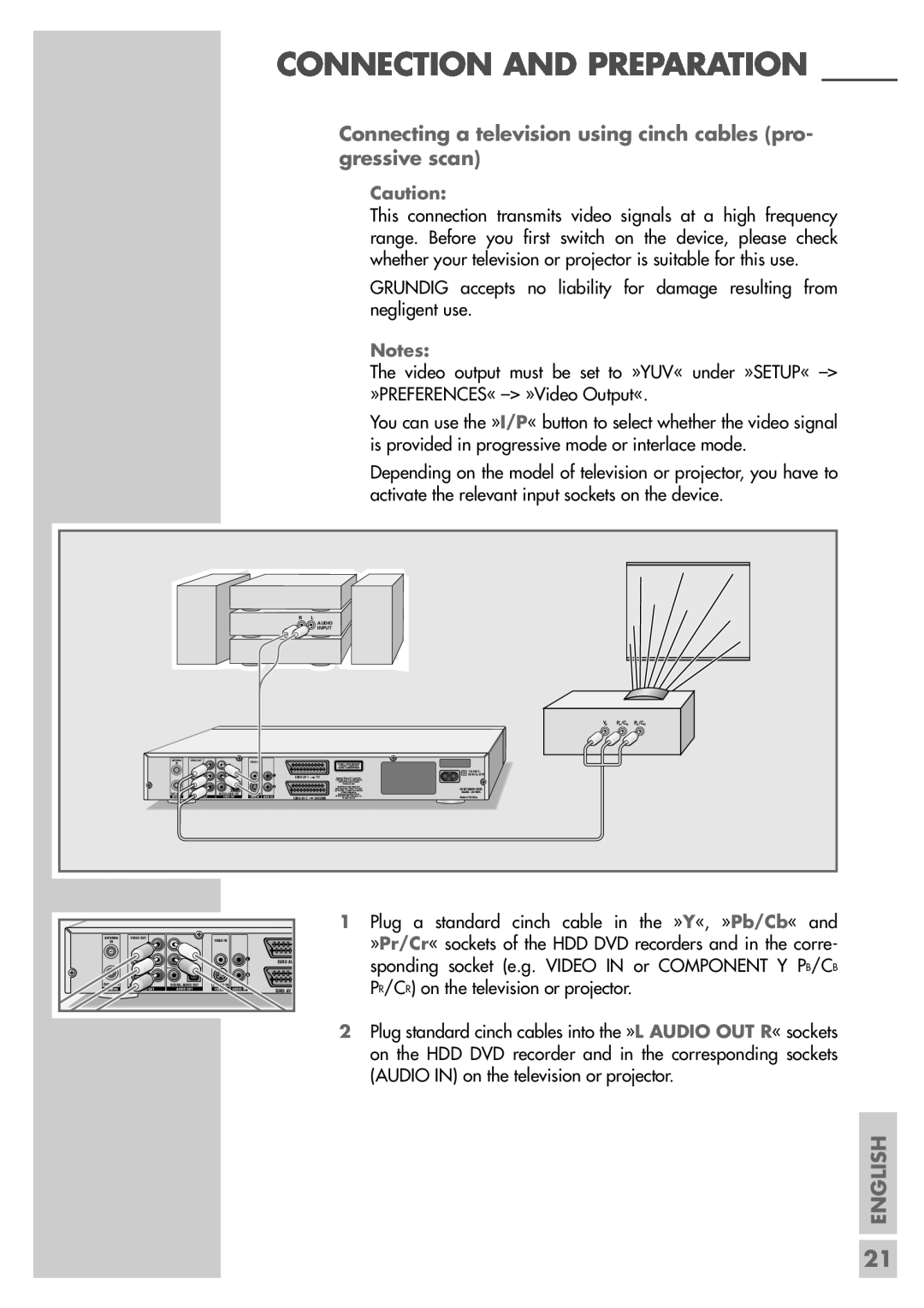 Grundig 5550 HDD manual Connecting a television using cinch cables pro- gressive scan, Connection And Preparation, English 