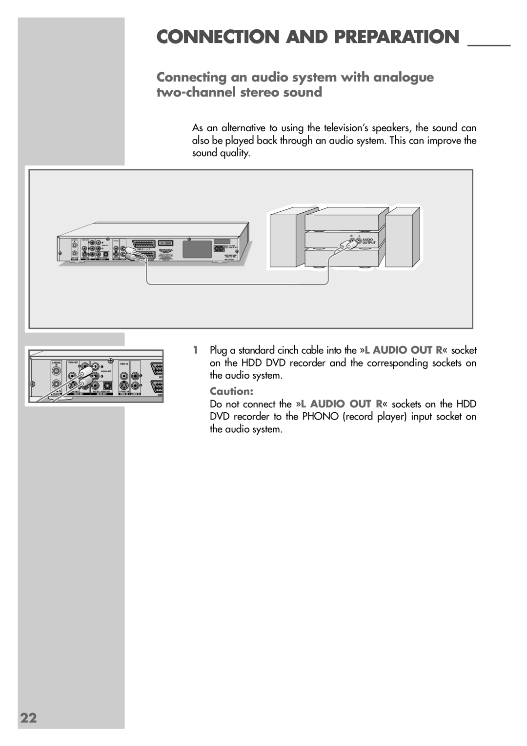 Grundig 5550 HDD manual Connecting an audio system with analogue two-channel stereo sound, Connection And Preparation 