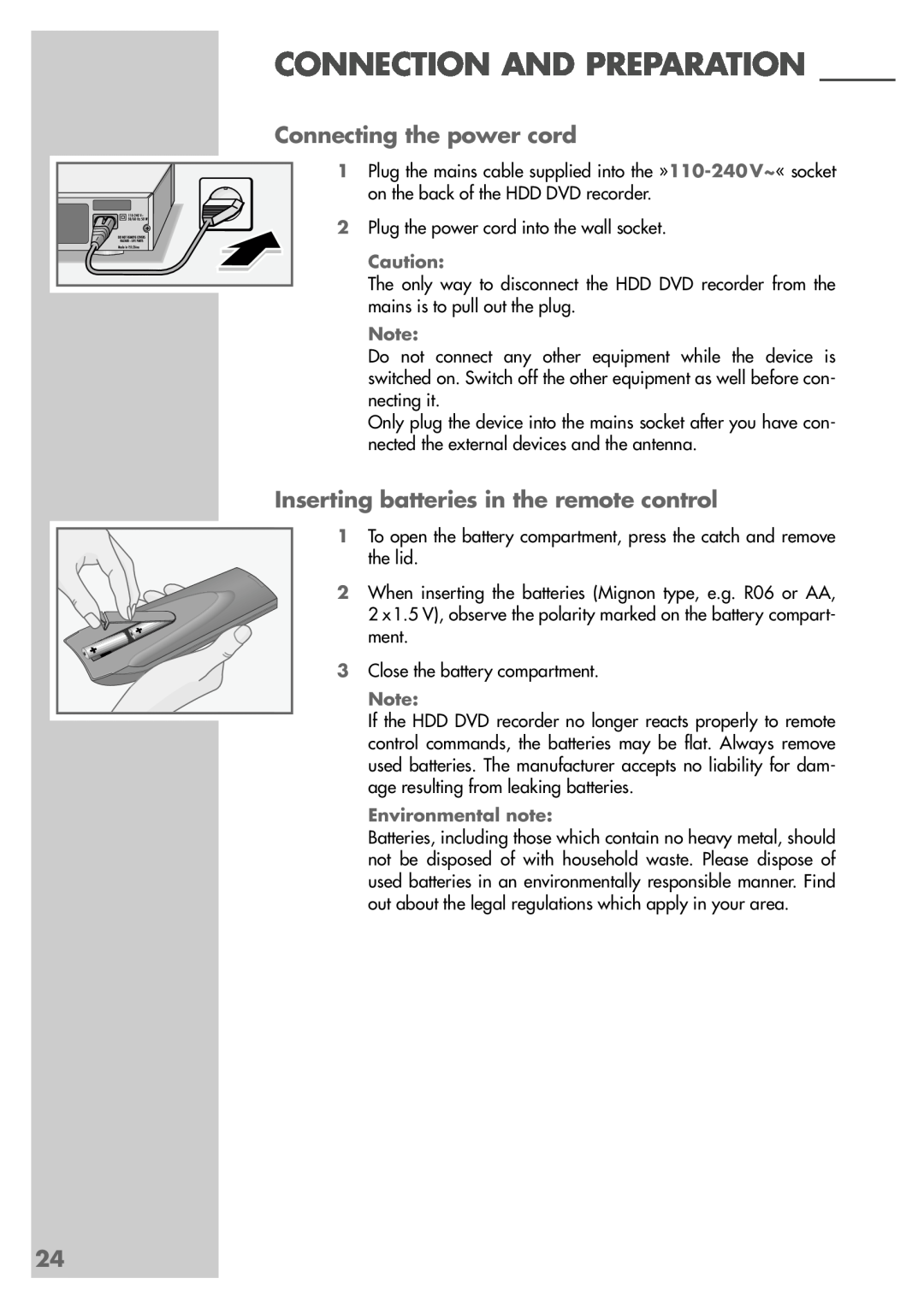 Grundig 5550 HDD manual Connecting the power cord, Inserting batteries in the remote control, Connection And Preparation 